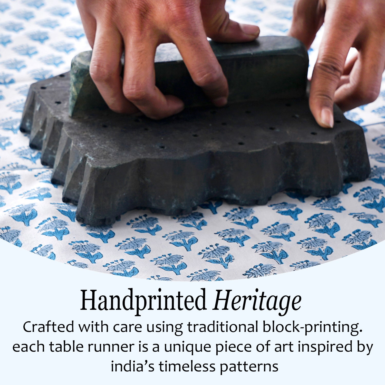 Cotton Block Print Table Runner - Apatite Blue
