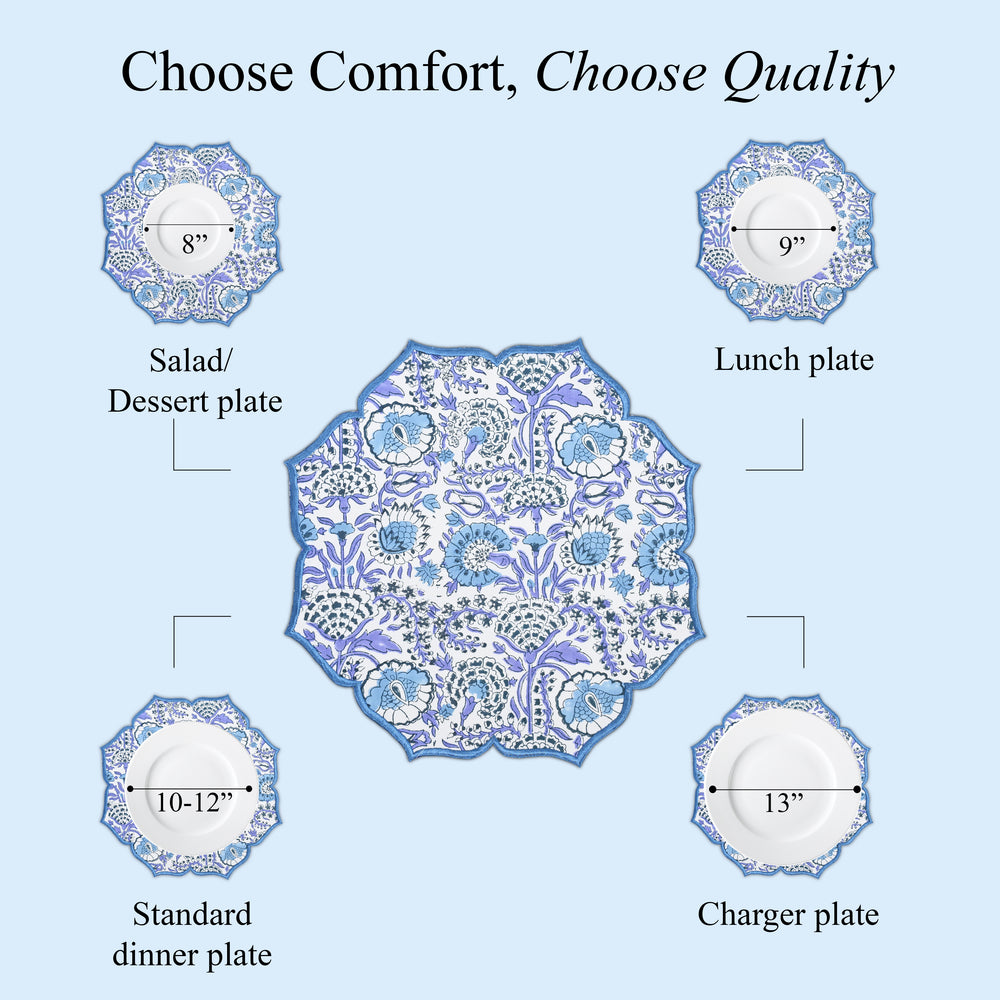 Bold indigo placemat styled with crisp white dinnerware

