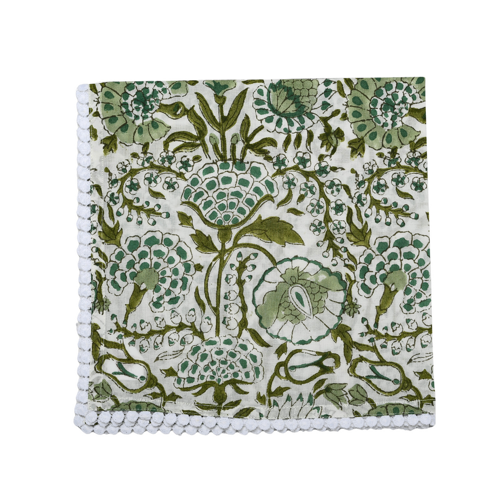 Single flat lay of green and white floral cotton napkin.

