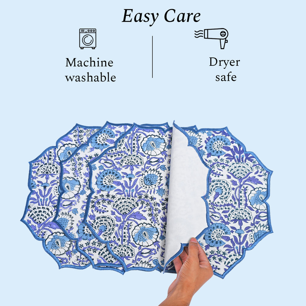 machine washable and dryer safe Indigo blue cotton placemat with refined embroidery