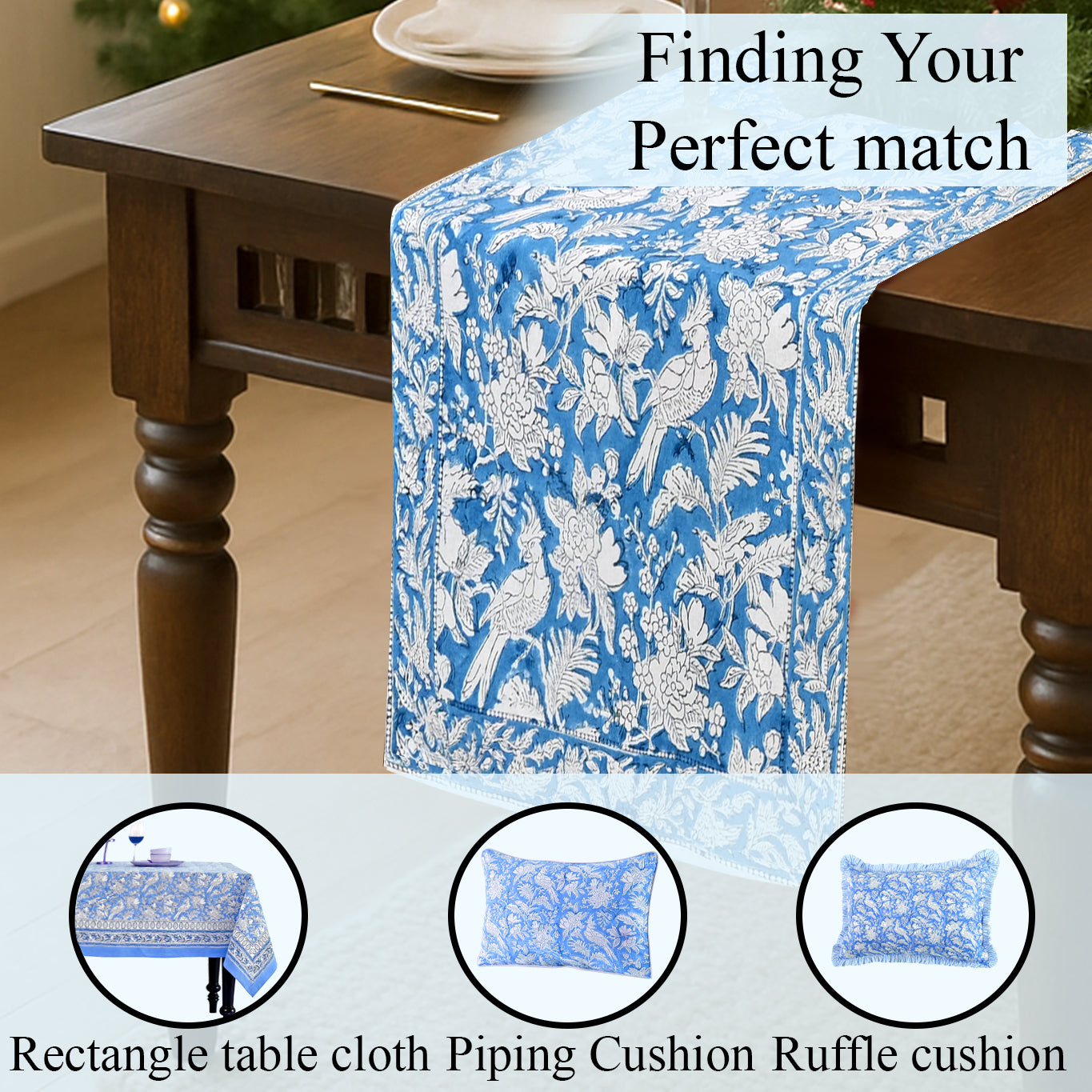 Cotton Block Print Table Runner - Blue Sapphire