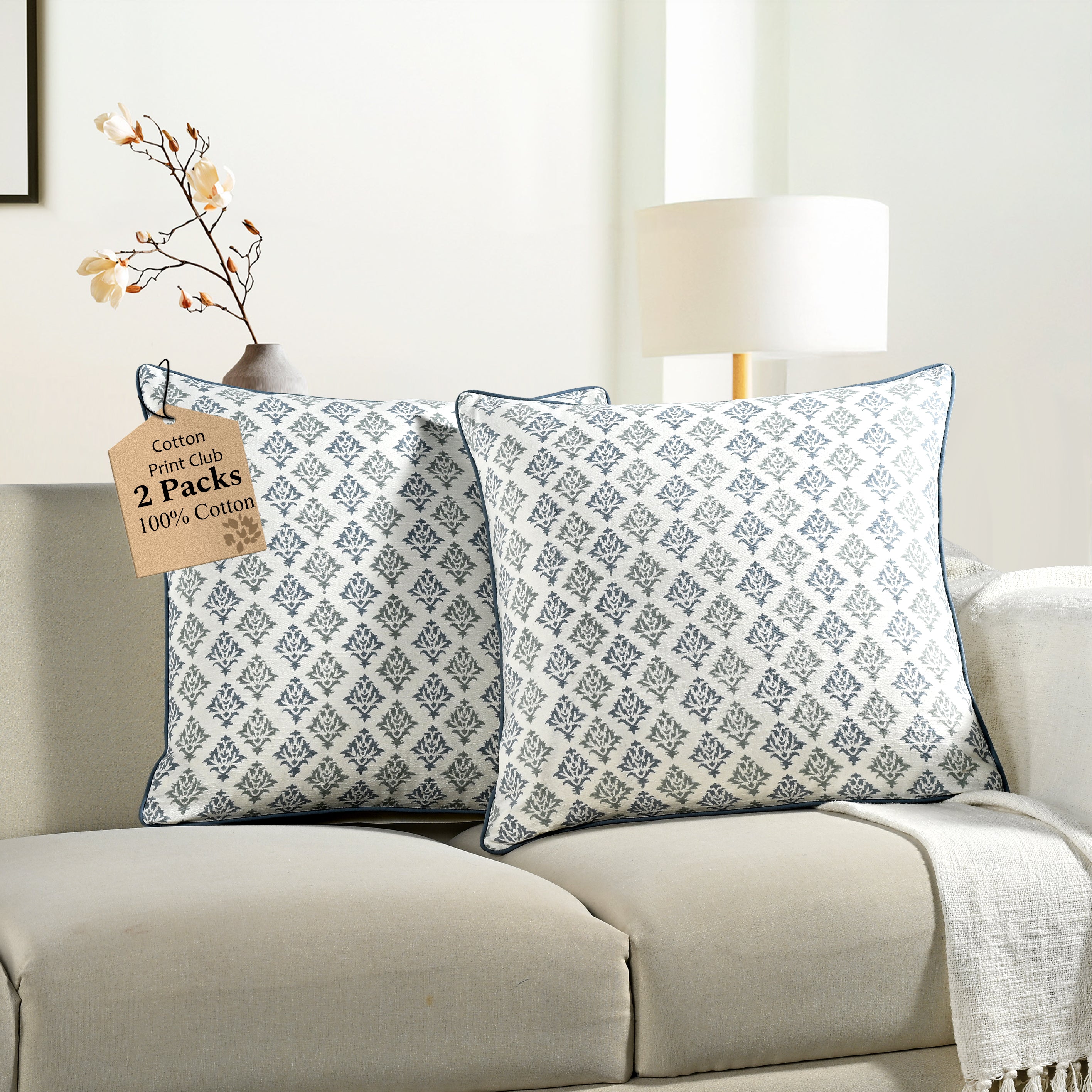 Boho Cotton Pillow Covers - Botanical Trellis Blue