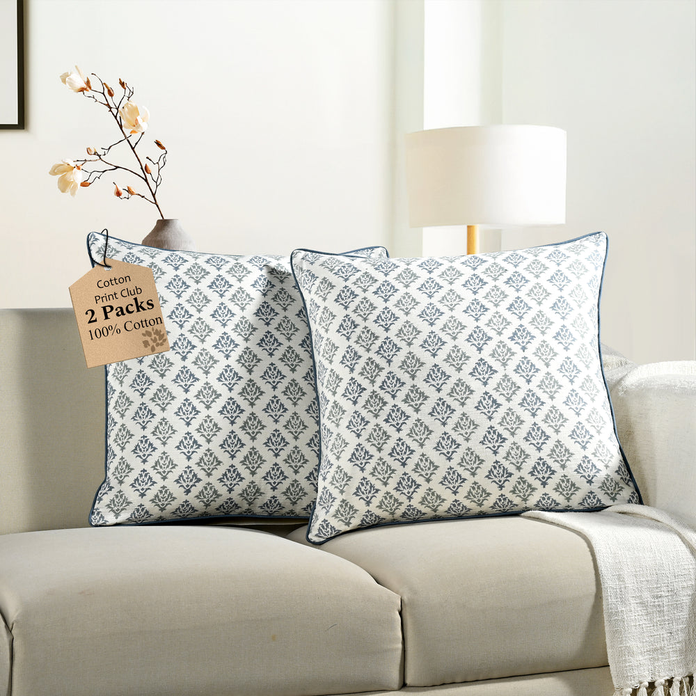 Boho Cotton Pillow Covers - Botanical Trellis Blue