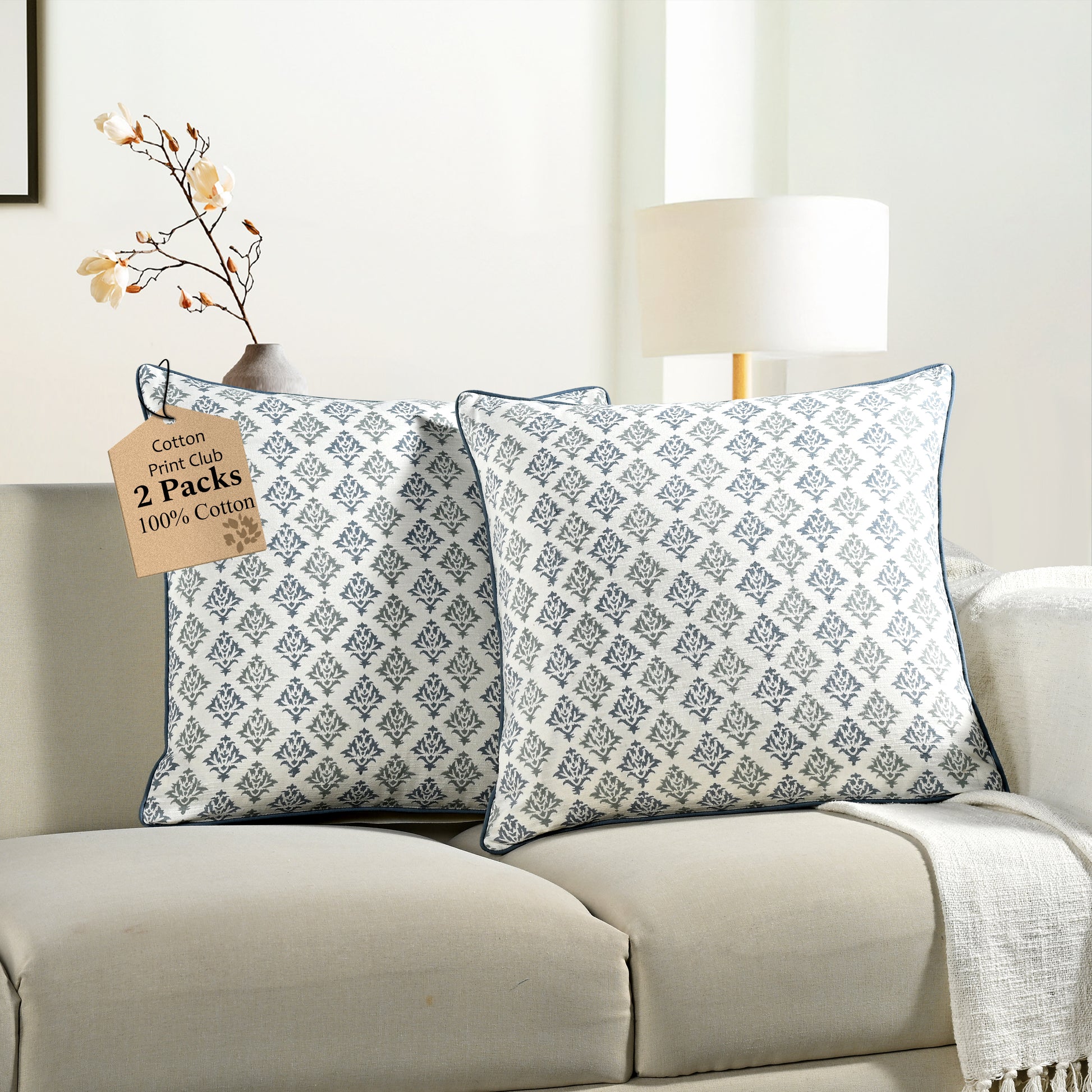 Boho Cotton Pillow Covers - Botanical Trellis Blue