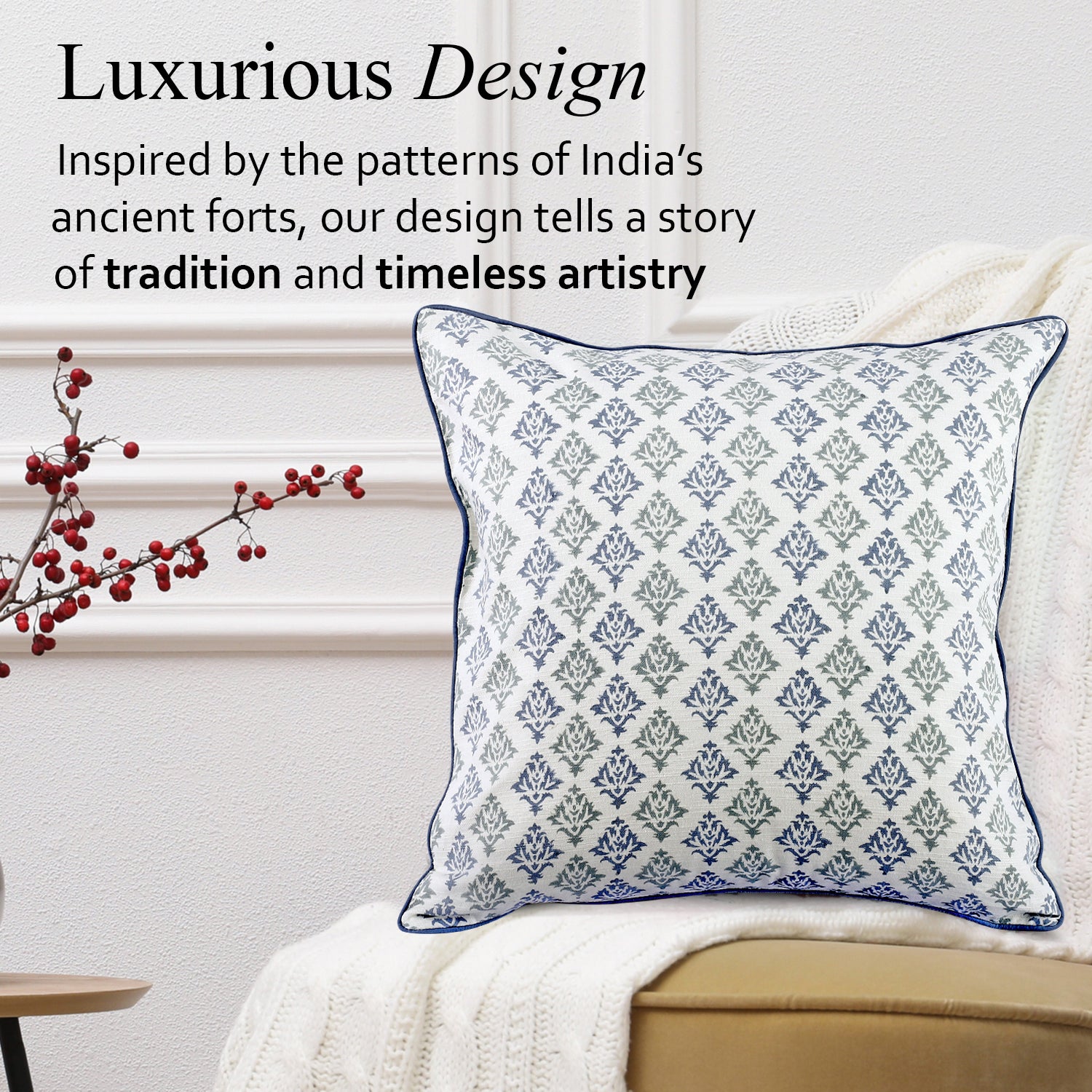 Boho Cotton Pillow Covers - Botanical Trellis Blue