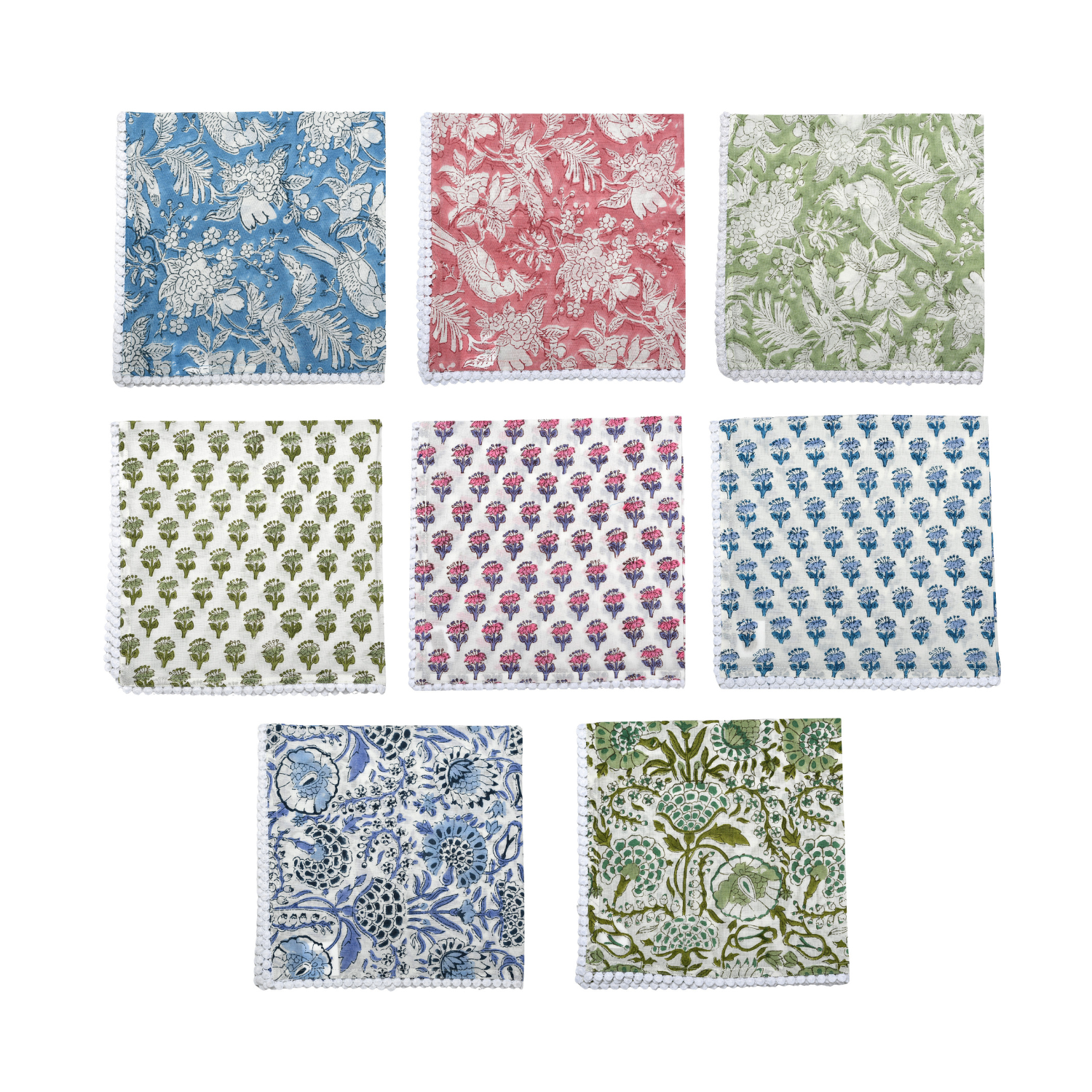 Grid preview of all five napkin print variants in one image on white background.

