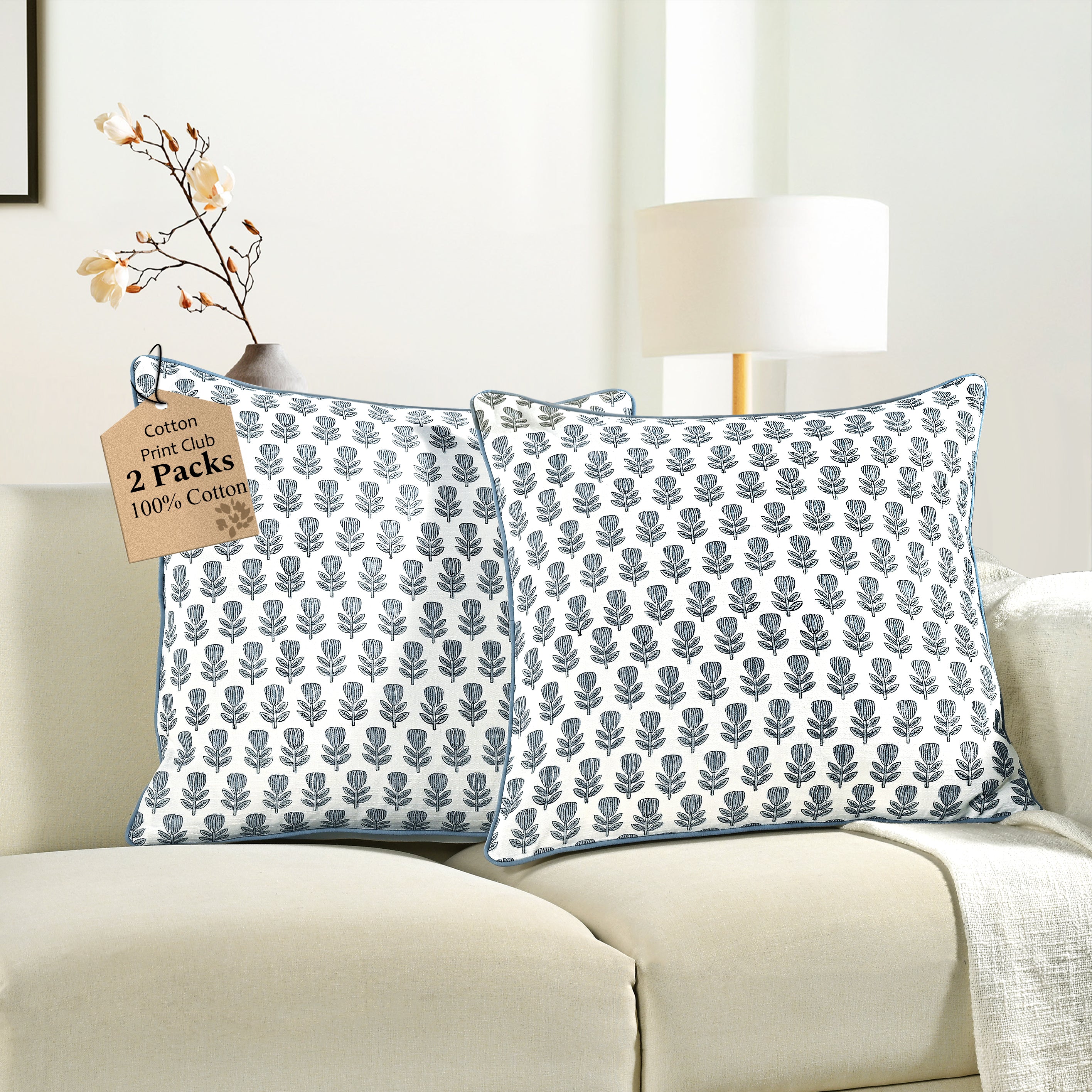 Boho Cotton Pillow Covers - Morning Bloom Blue