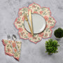Radiant rose handblocck printed 100% cotton fire opal placemat styled with gold utensils
