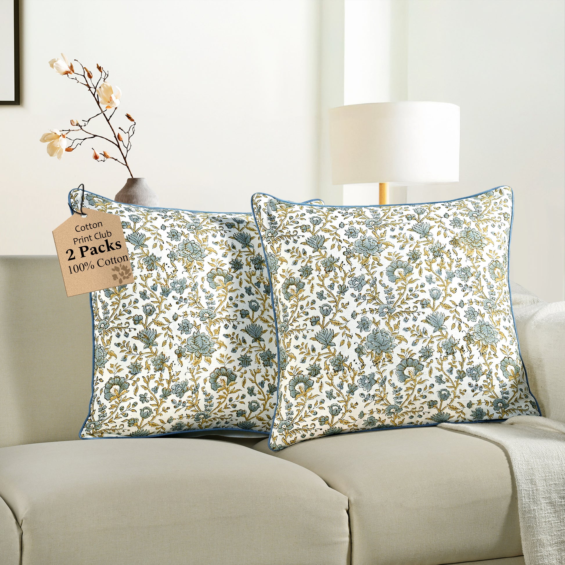 Boho Cotton Pillow Covers - Vintage Garden Blue