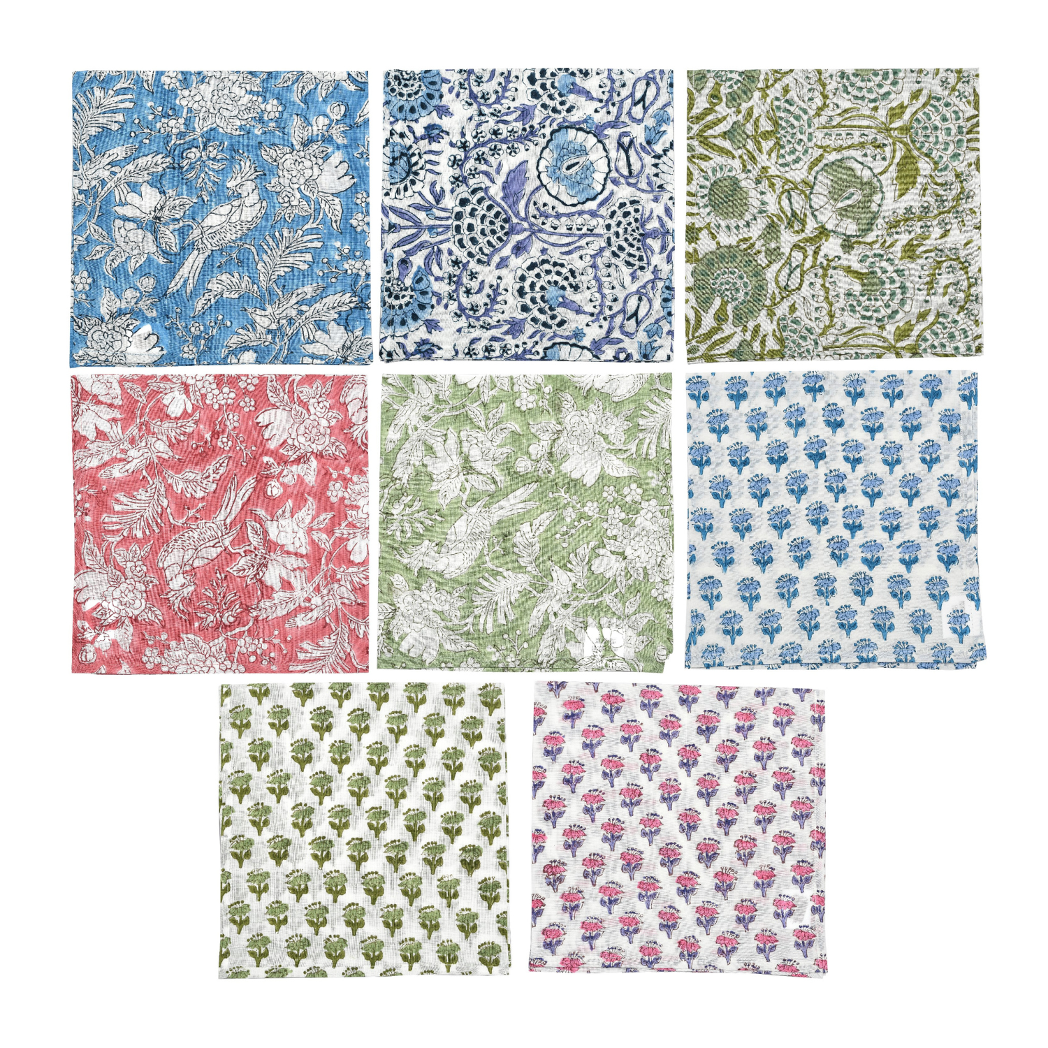 Grid preview of all five napkin print variants in one image on white background.

