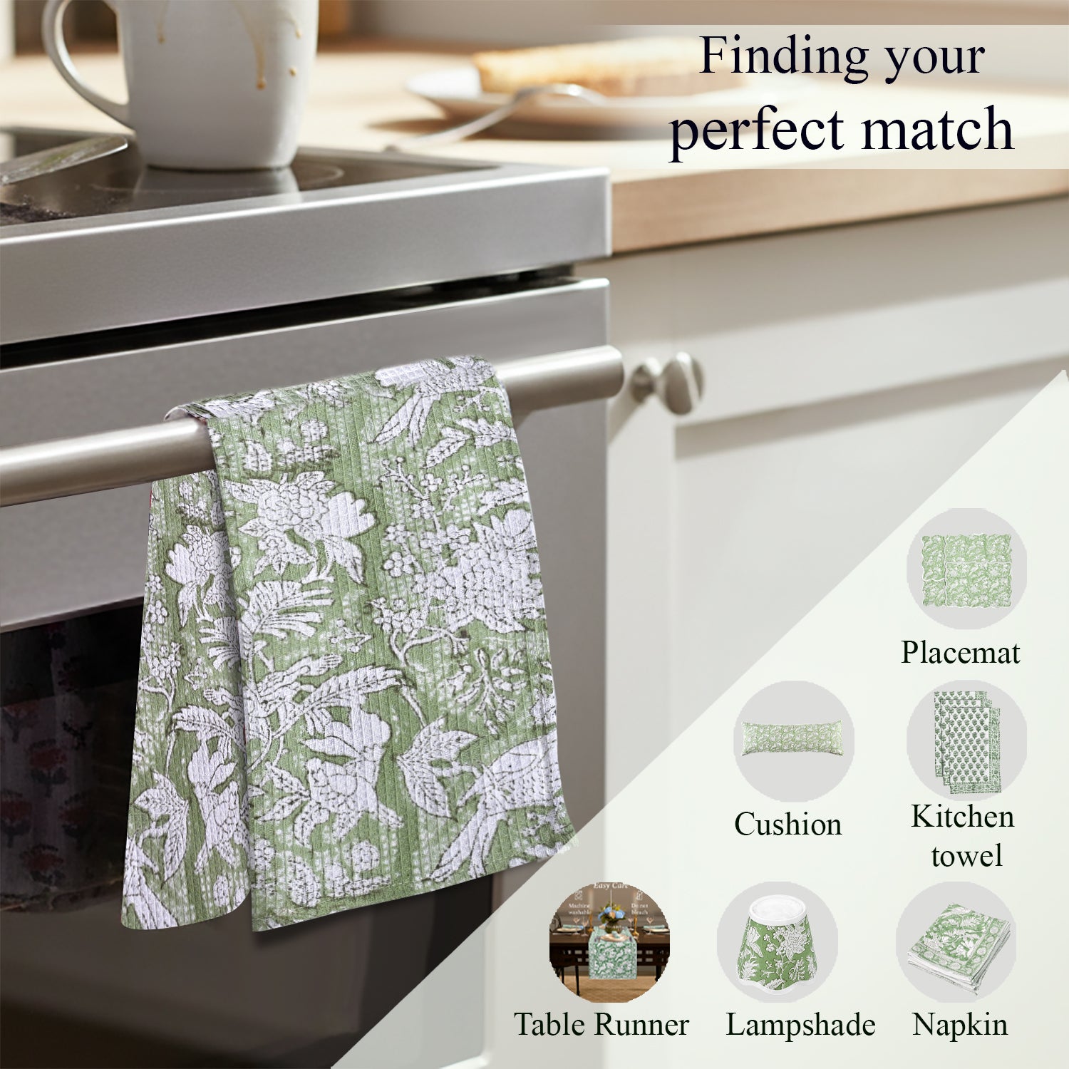 Hand Block Printed Waffle Kitchen Towels – Olive Green