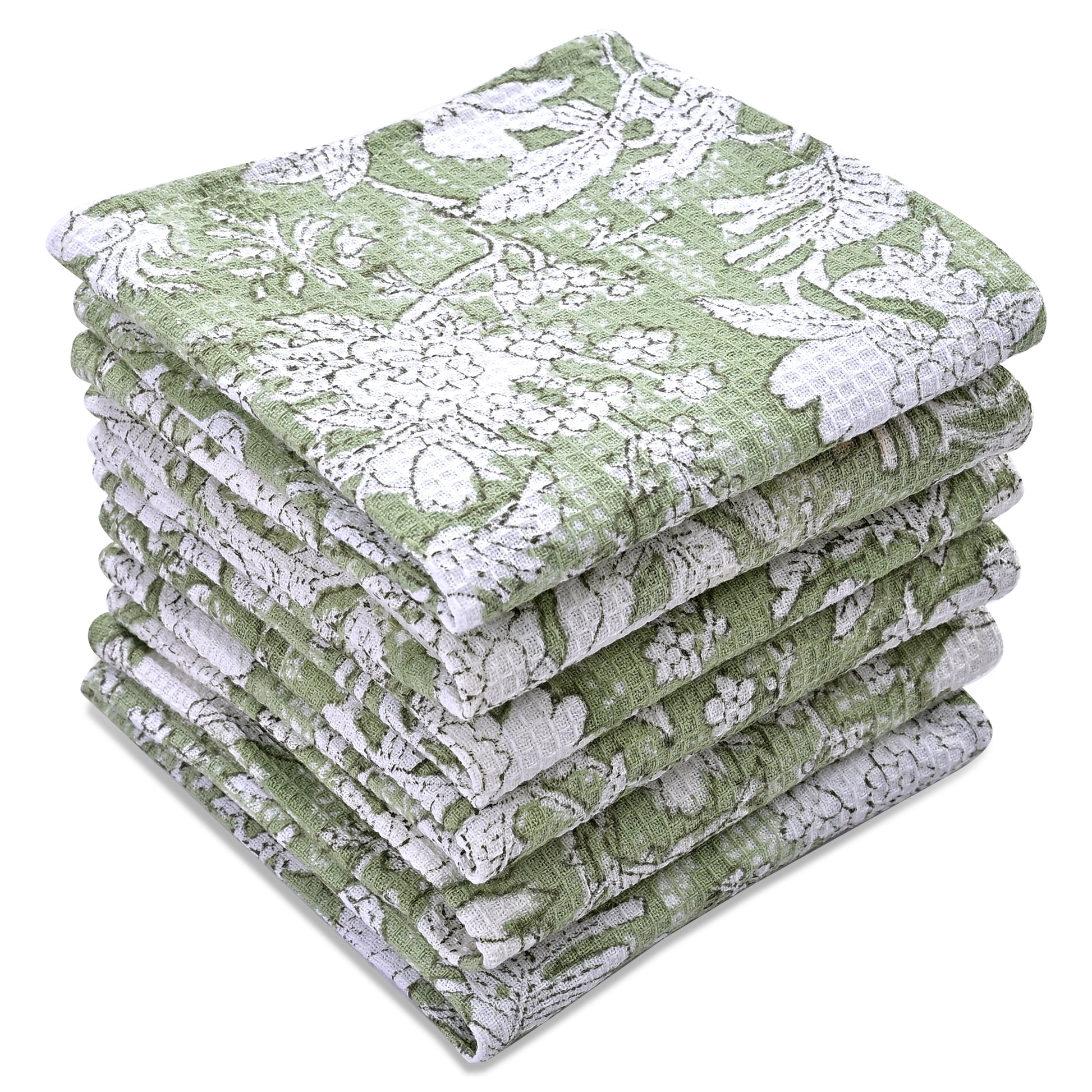 Hand Block Printed Waffle Kitchen Towels – Olive Green