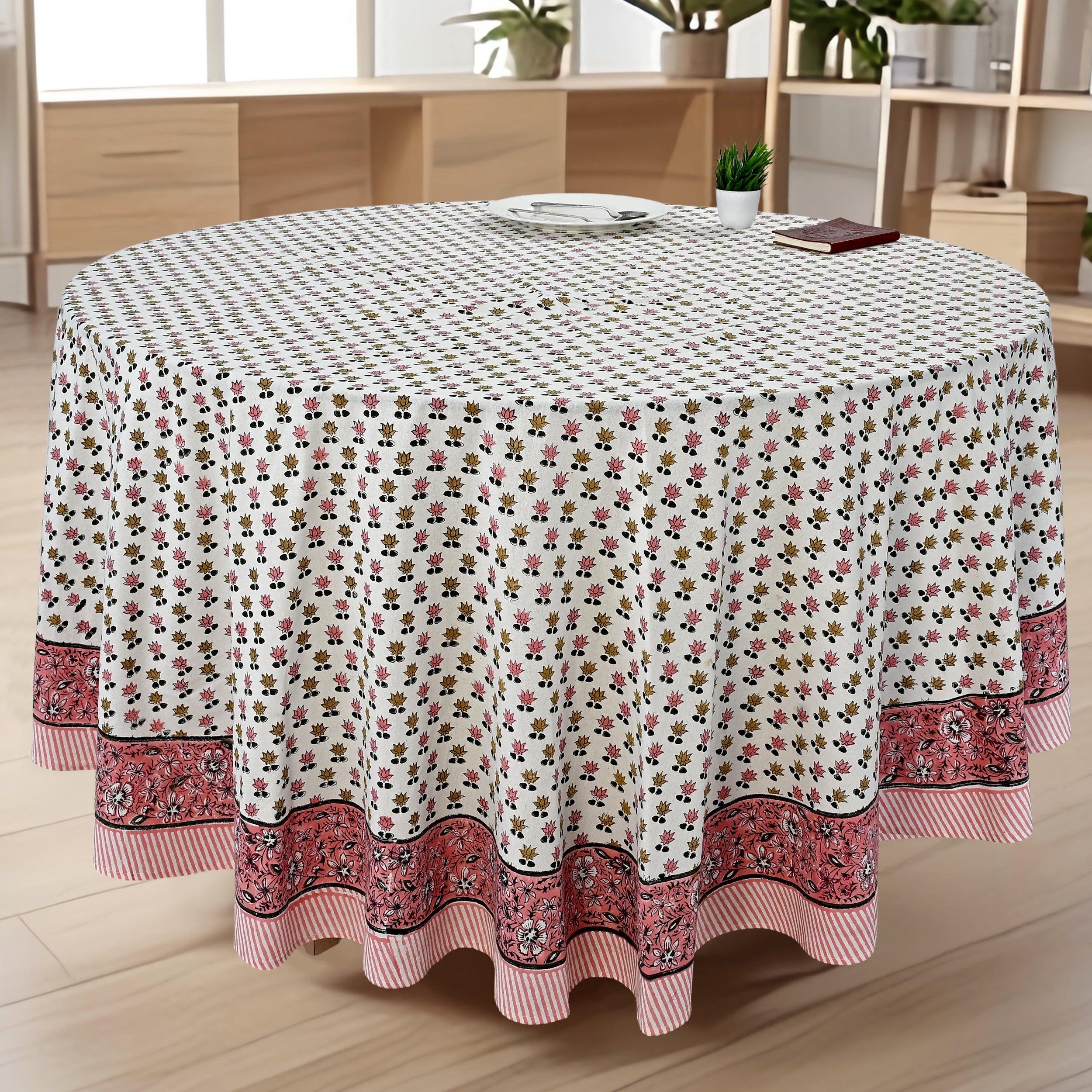 Round Block Print Tablecloth – Rosette Bloom