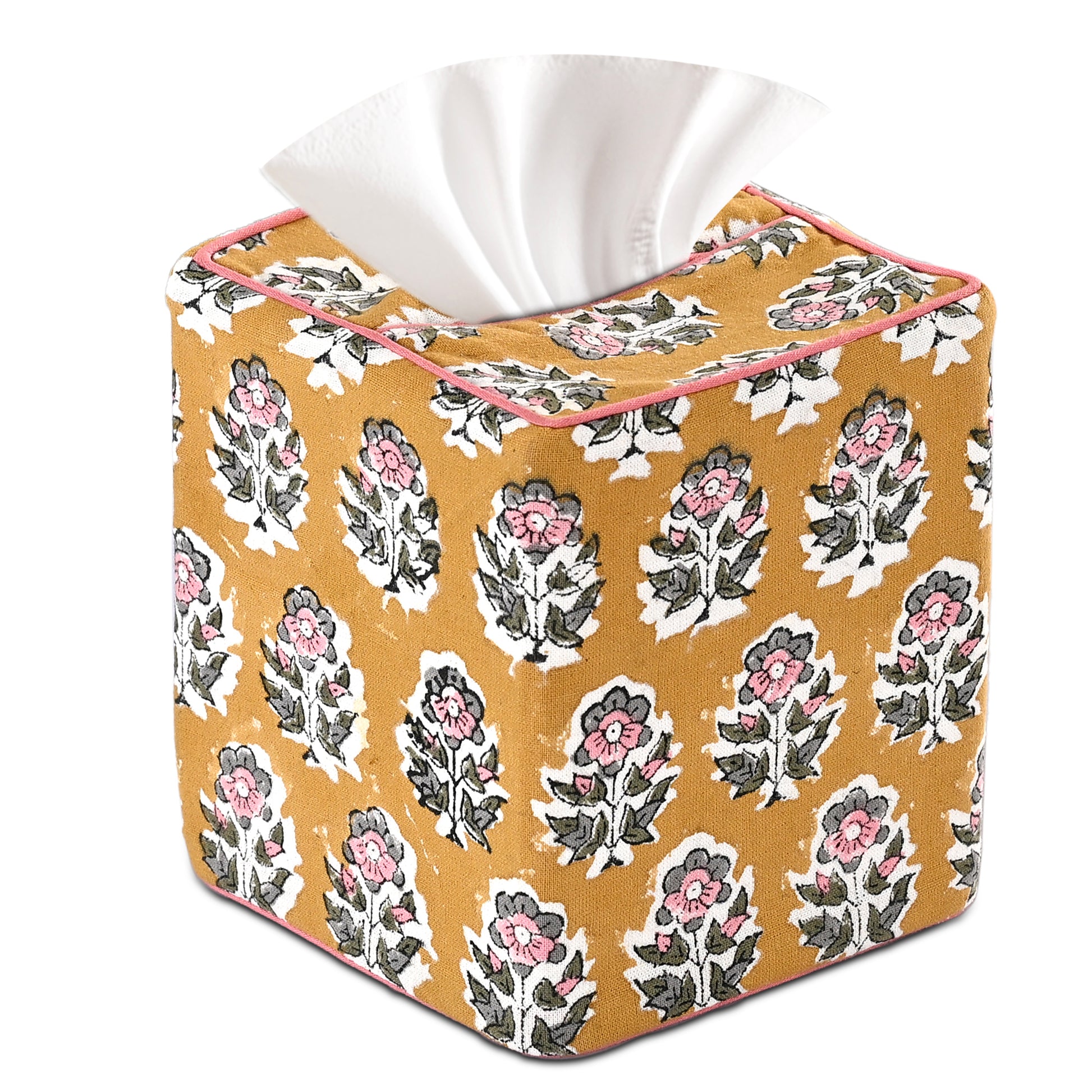 100% Cotton Hand Block Printed Tissue Box Cover - Yellow Citrine