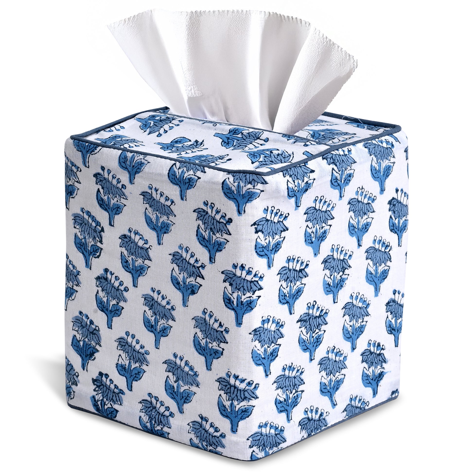 100% Cotton Hand Block Printed Tissue Box Cover - Apatite Blue
