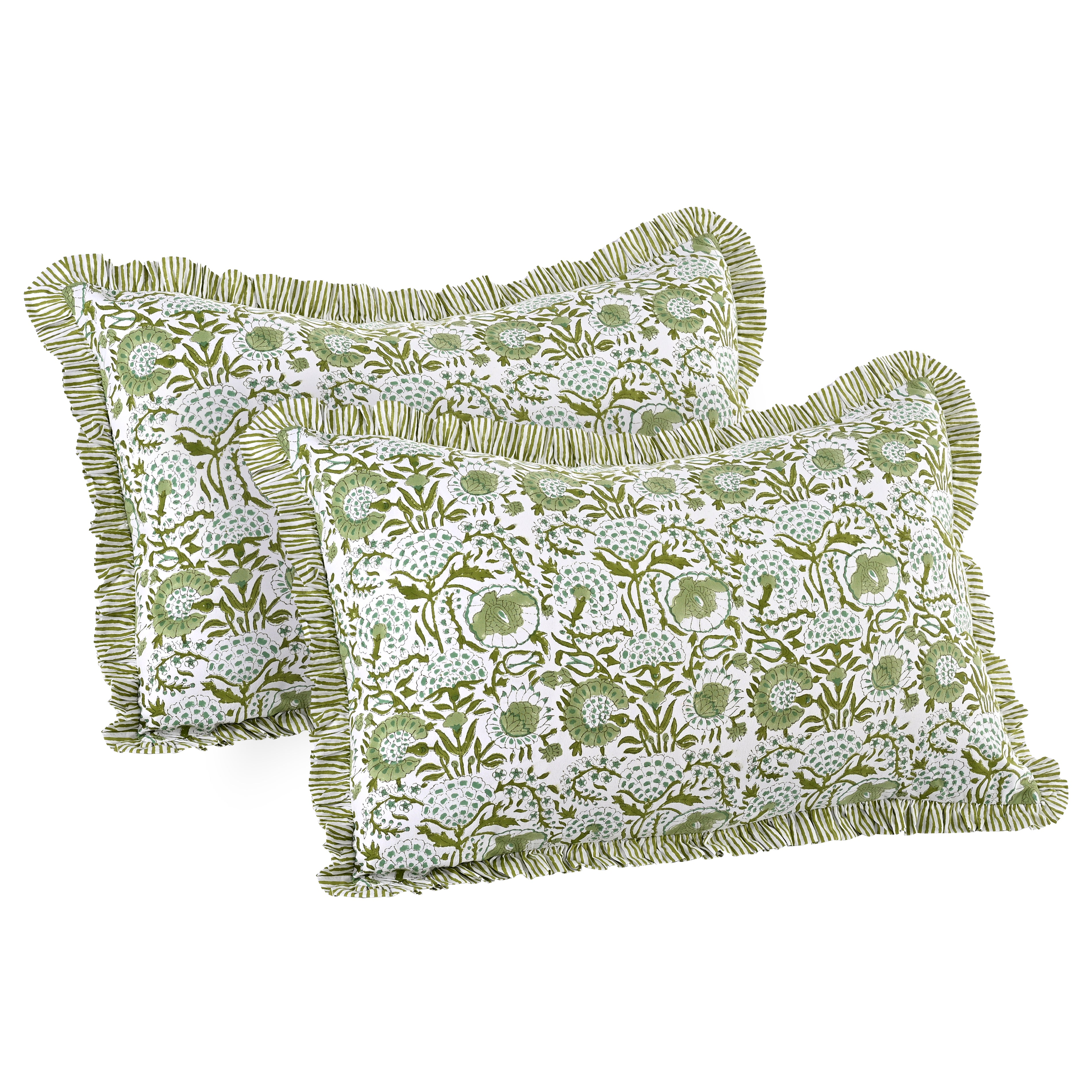Two green floral patterned pillows with ruffled edges on a white background