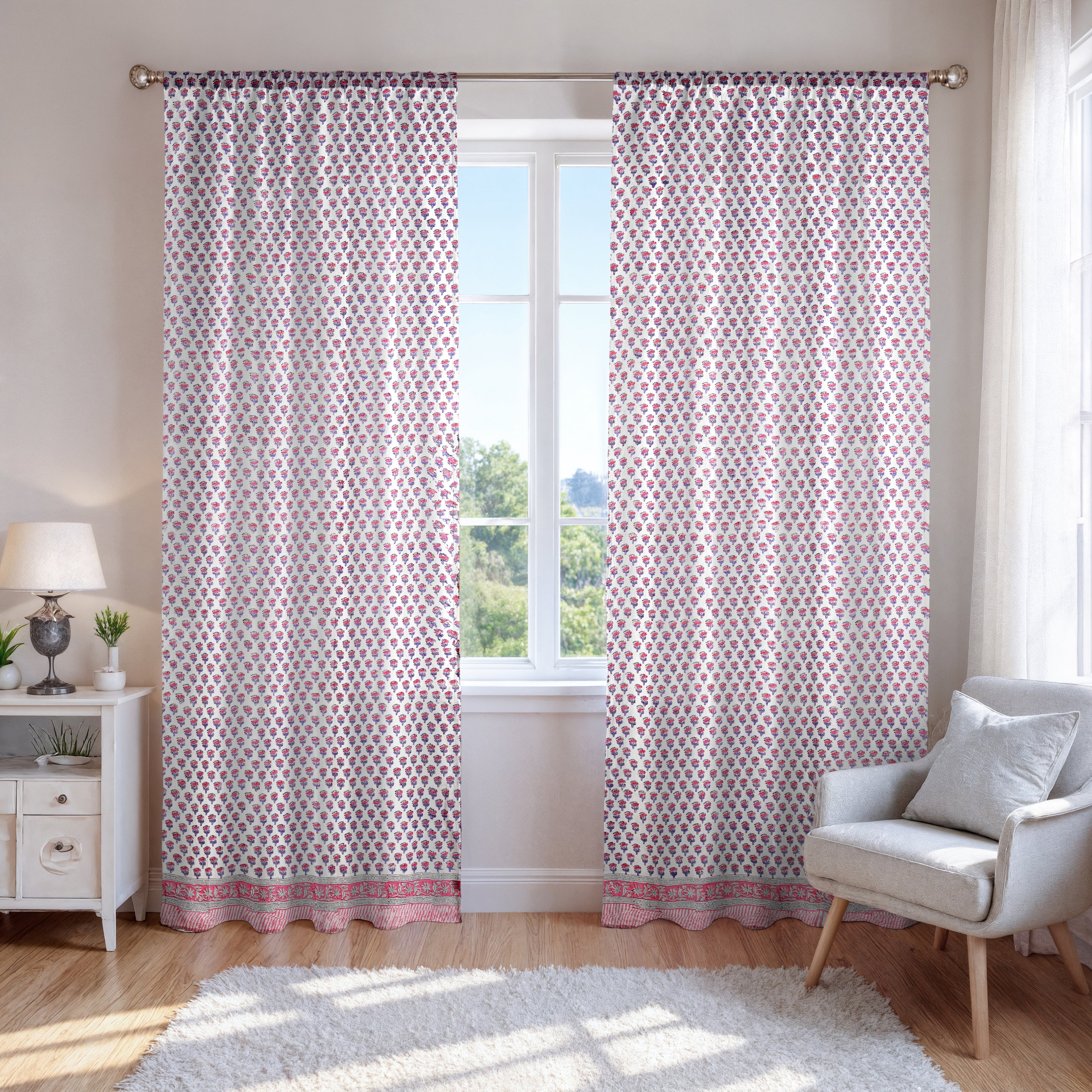 Semi-Sheer Cotton Block Print Curtains - Pink Sapphire