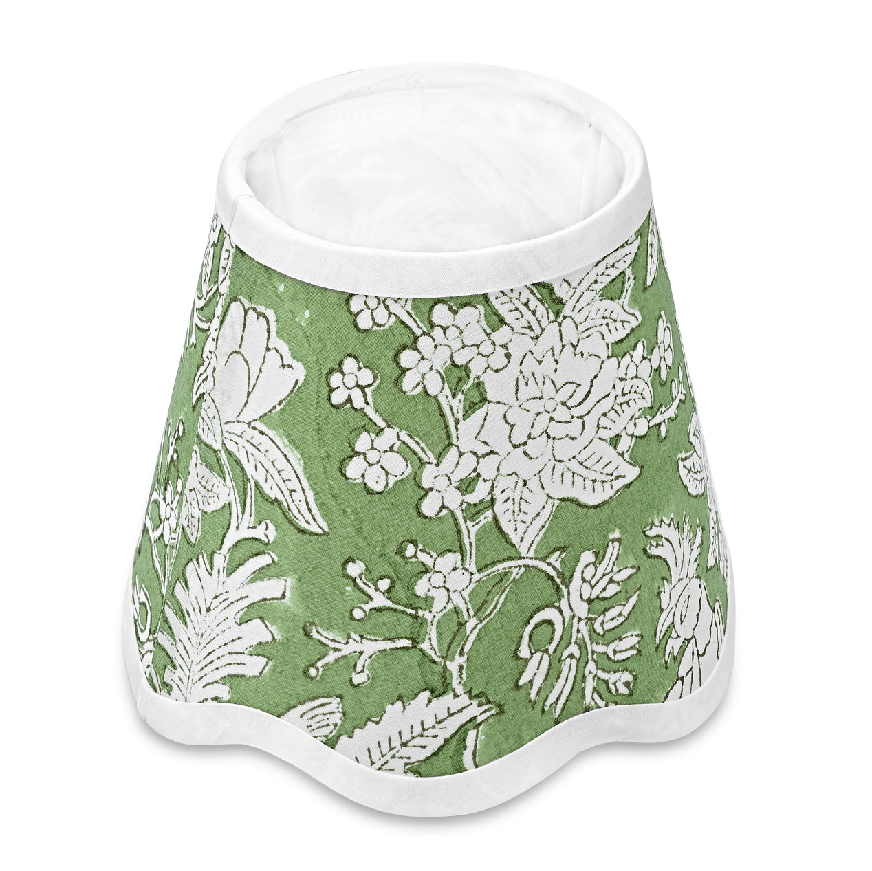 Hand Block Printed Cotton Lampshade – Scallop Floral Olive Green