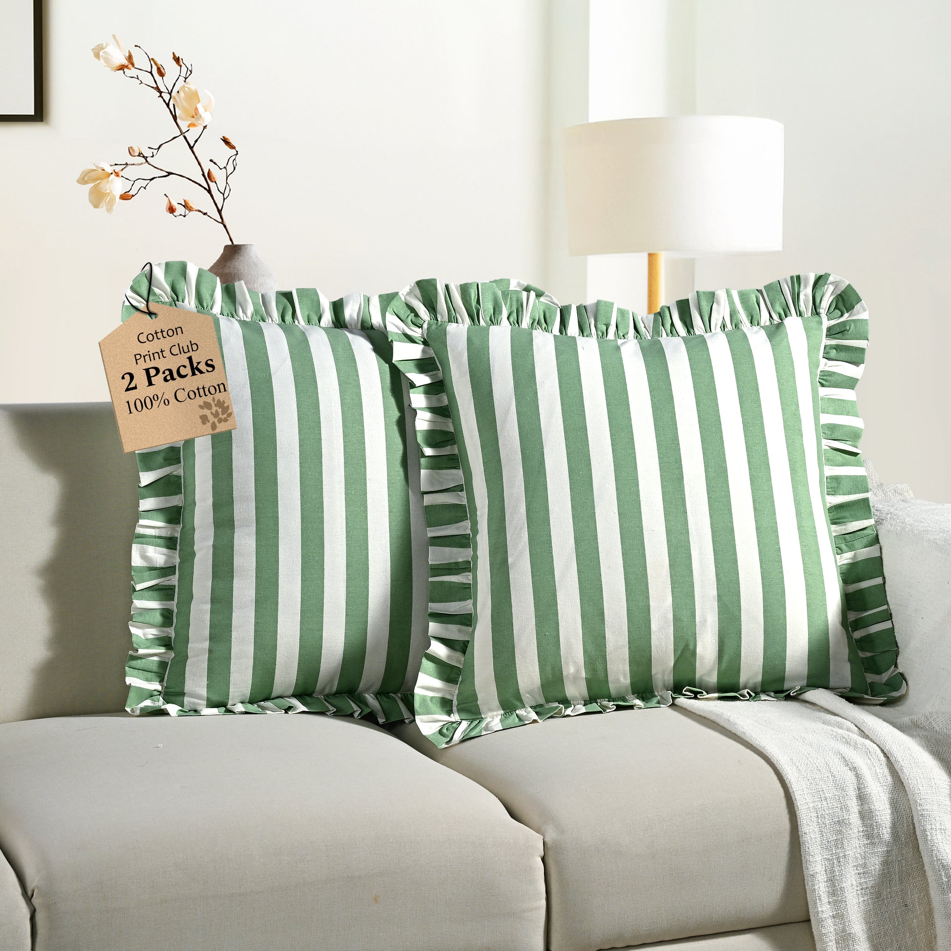 Green Striped Ruffle Throw Pillow Covers