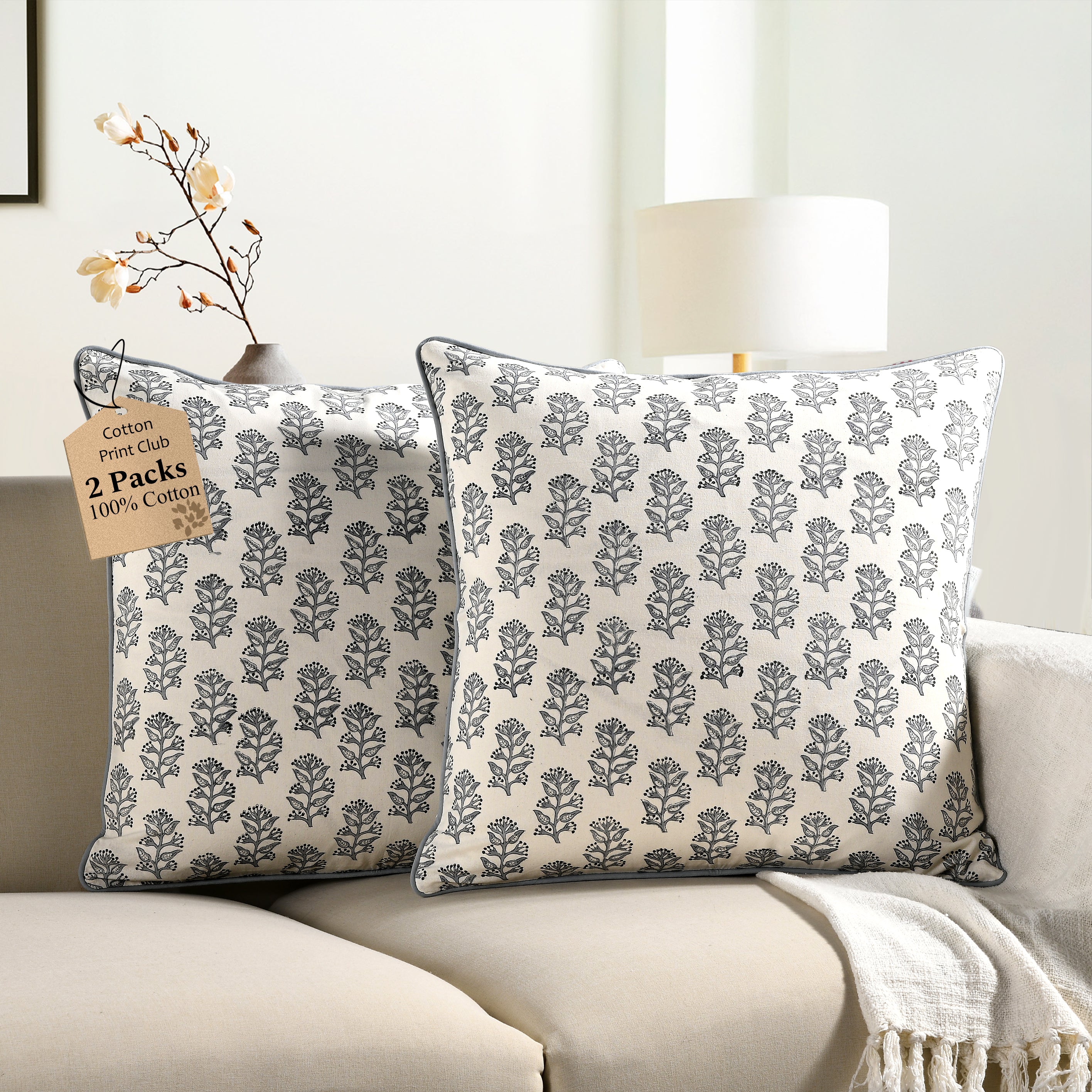 Piping Throw Pillow Covers - Misty Grey Floral (Set of 2)