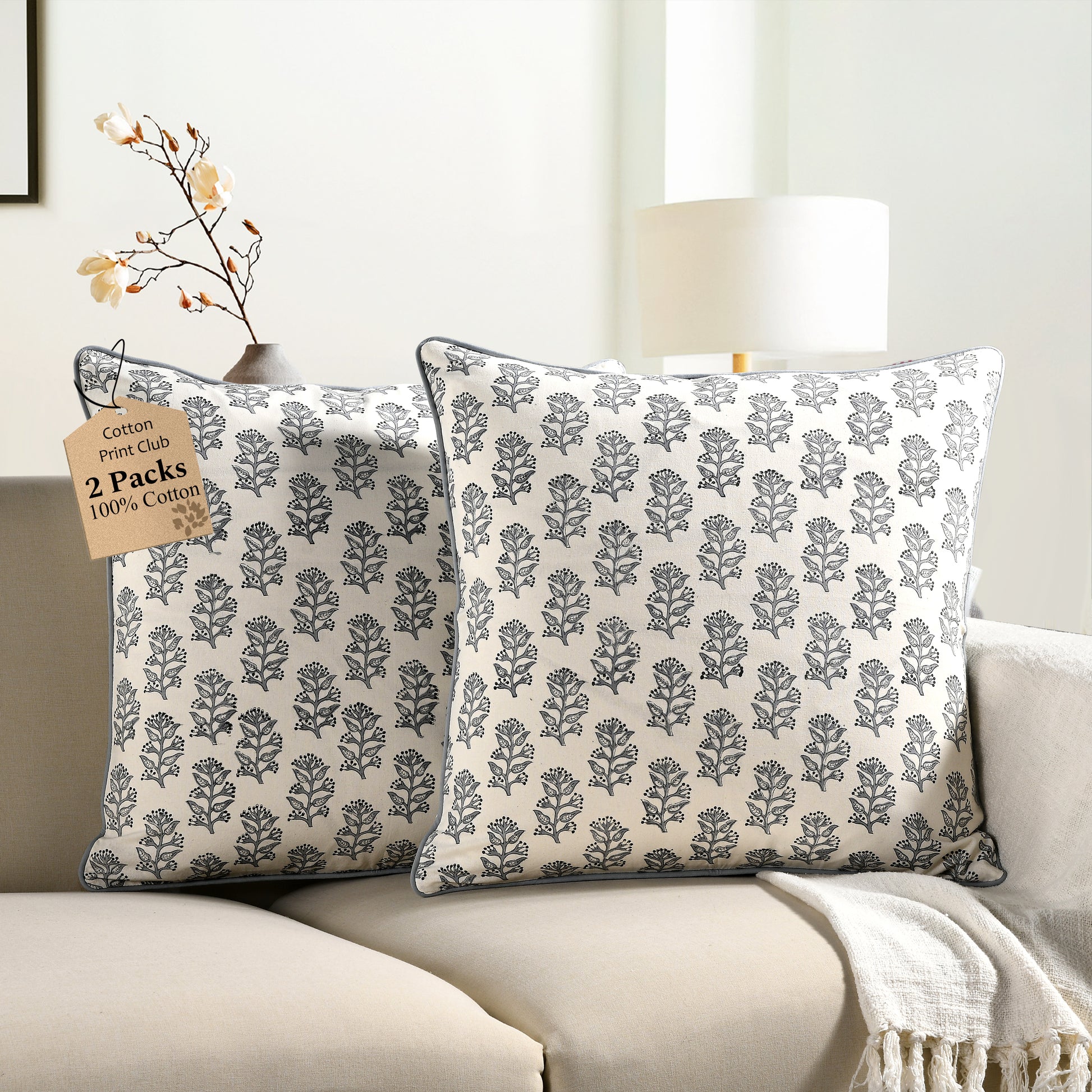 Piping Throw Pillow Covers - Misty Grey Floral (Set of 2)