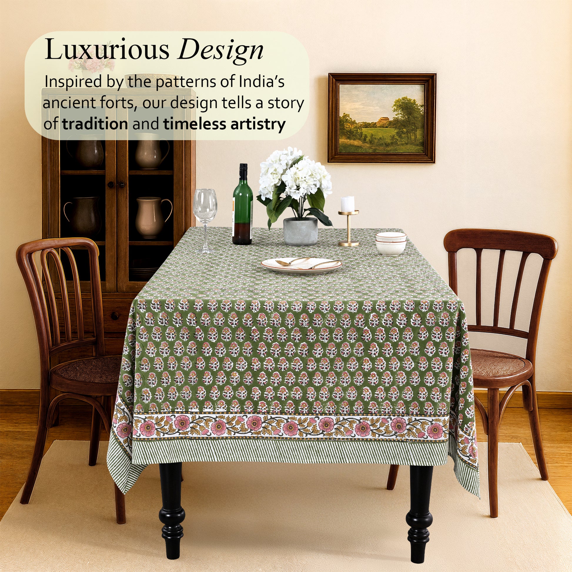 Jade Green Cotton Tablecloth on Family Dinner Table