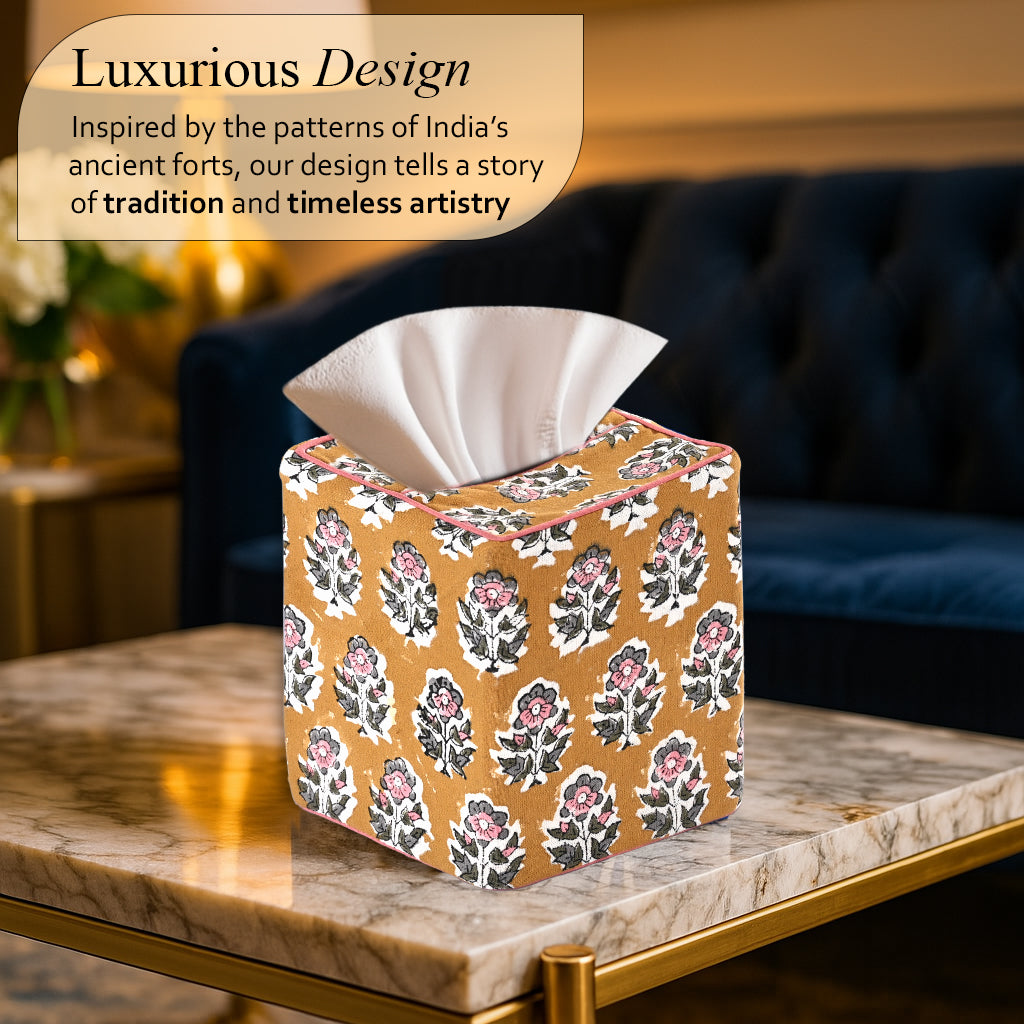 100% Cotton Hand Block Printed Tissue Box Cover - Yellow Citrine