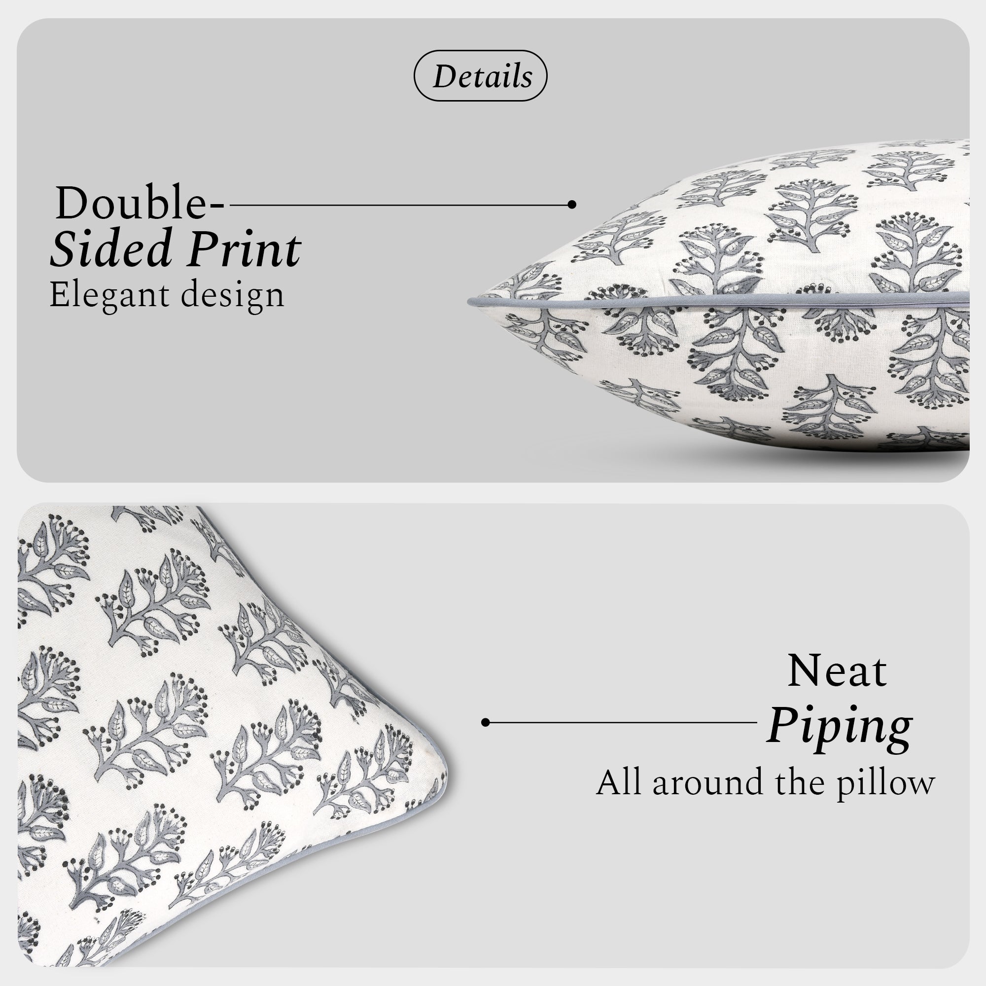 Piping Throw Pillow Covers - Misty Grey Floral (Set of 2)