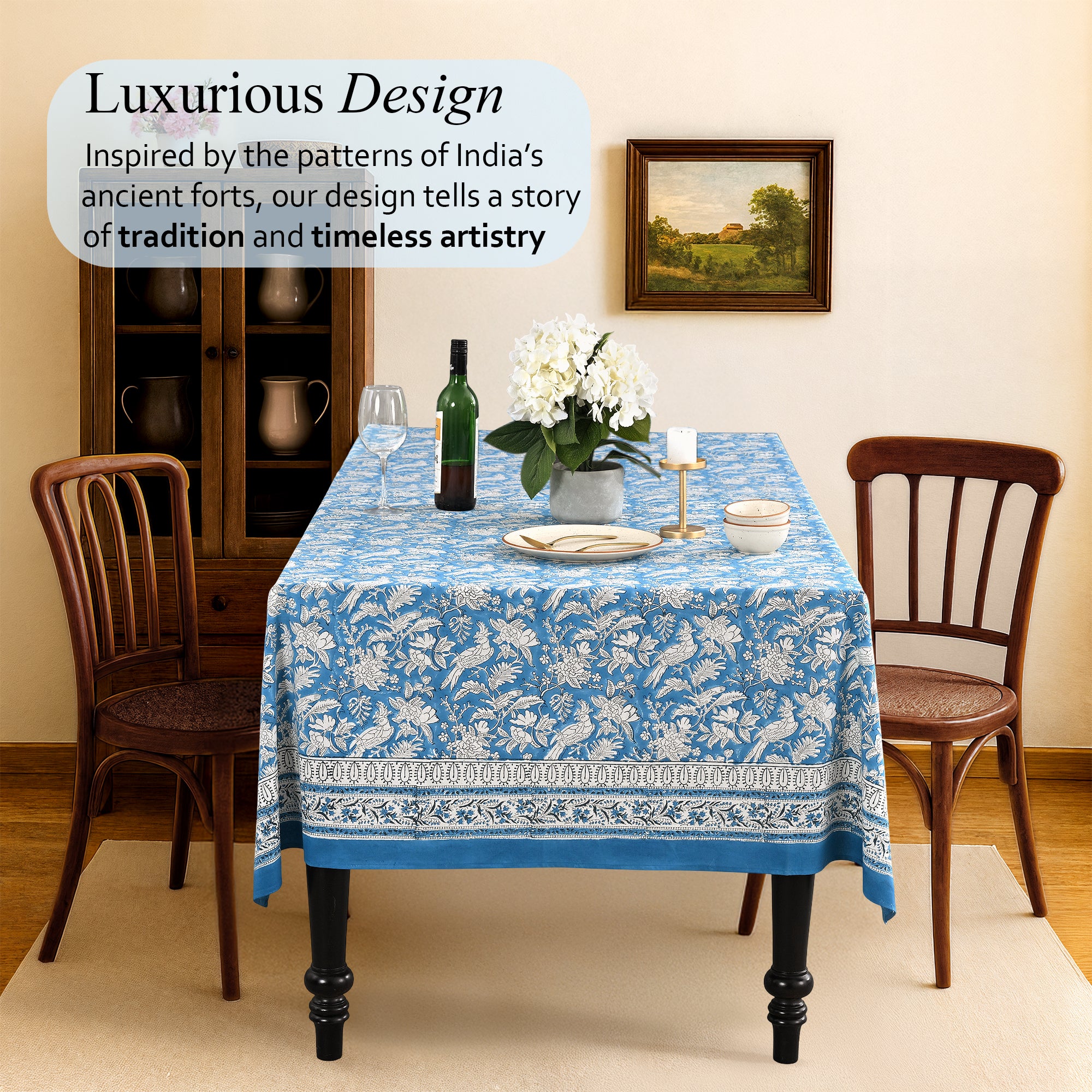 Cotton Block Print Tablecloth – Blue Sapphire