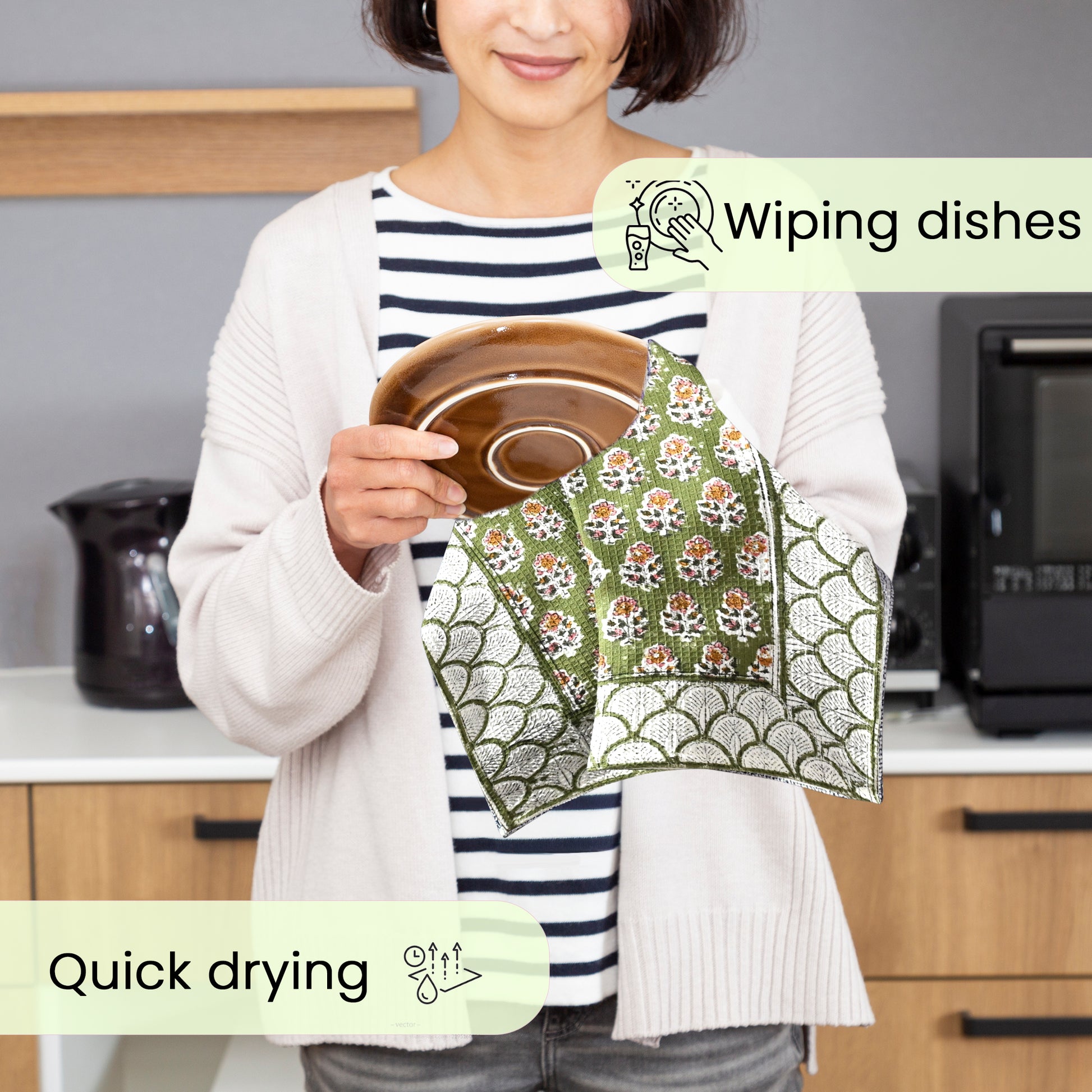 Hand Block Printed Waffle Kitchen Towels – Jade Green