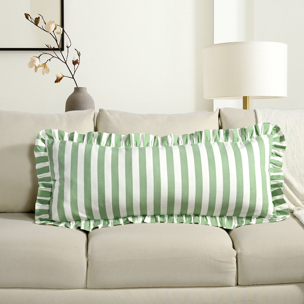 Green Striped Cotton Ruffle Sham Cover