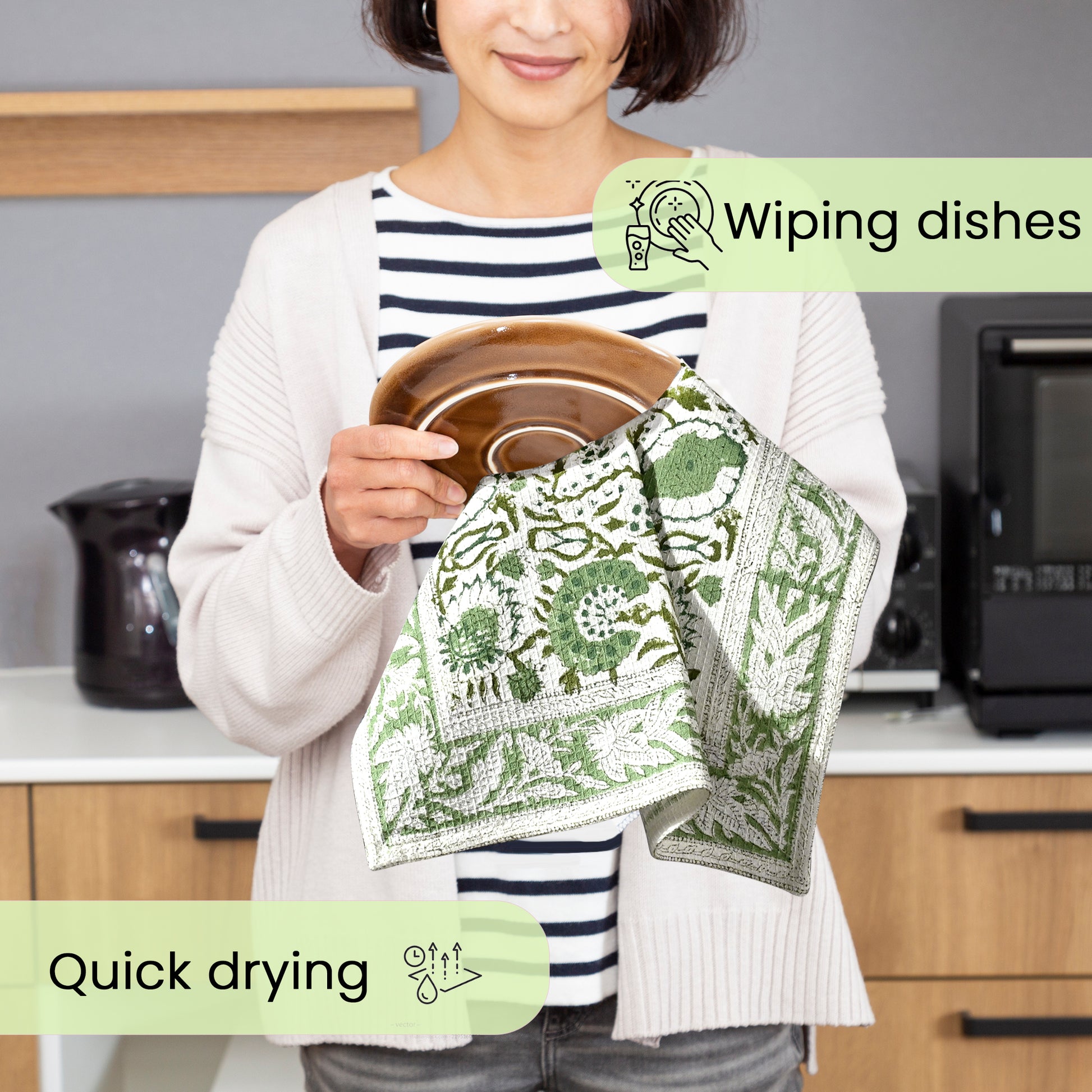 Hand Block Printed Waffle Kitchen Towels – Agate Green