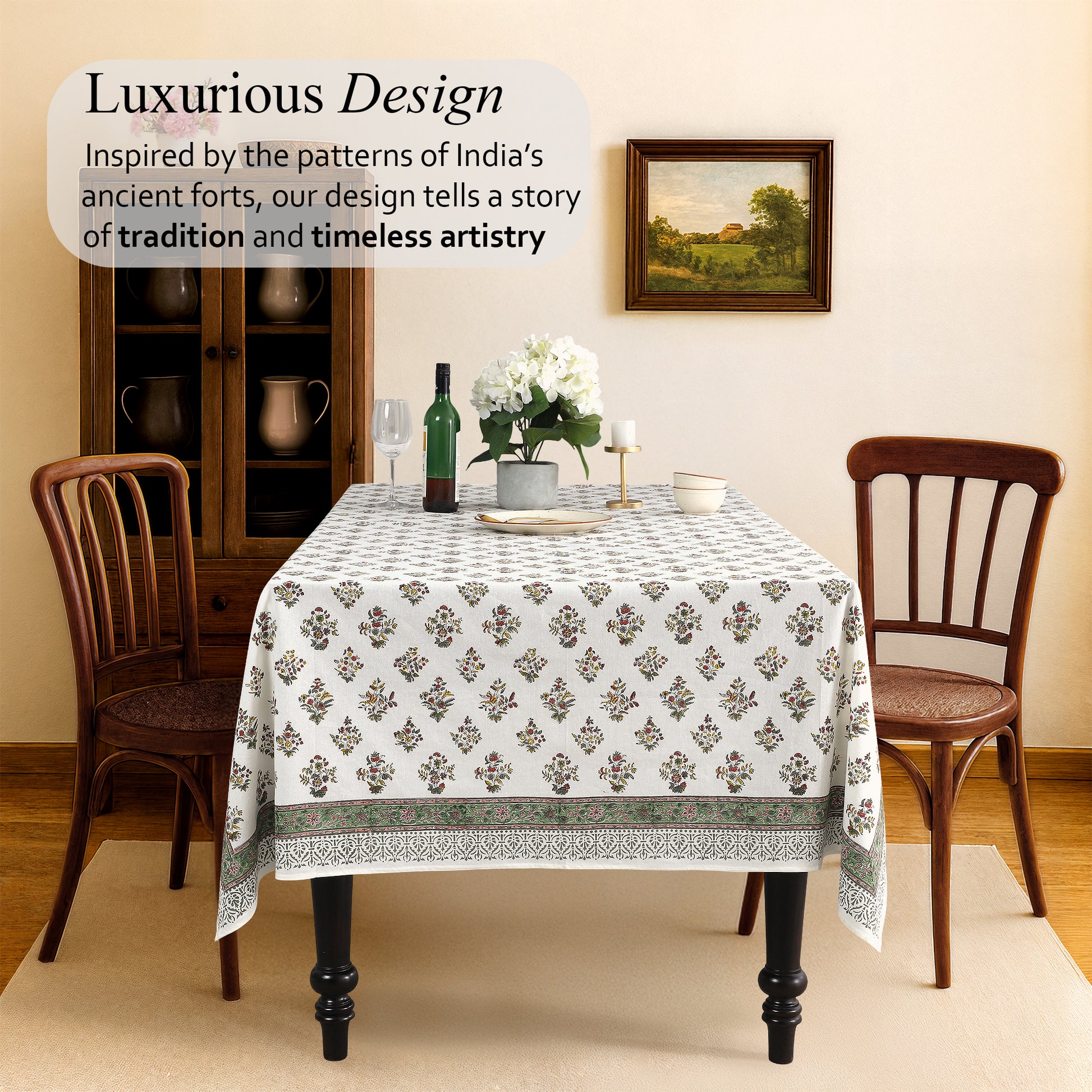 white and green 100% floral tablecloth