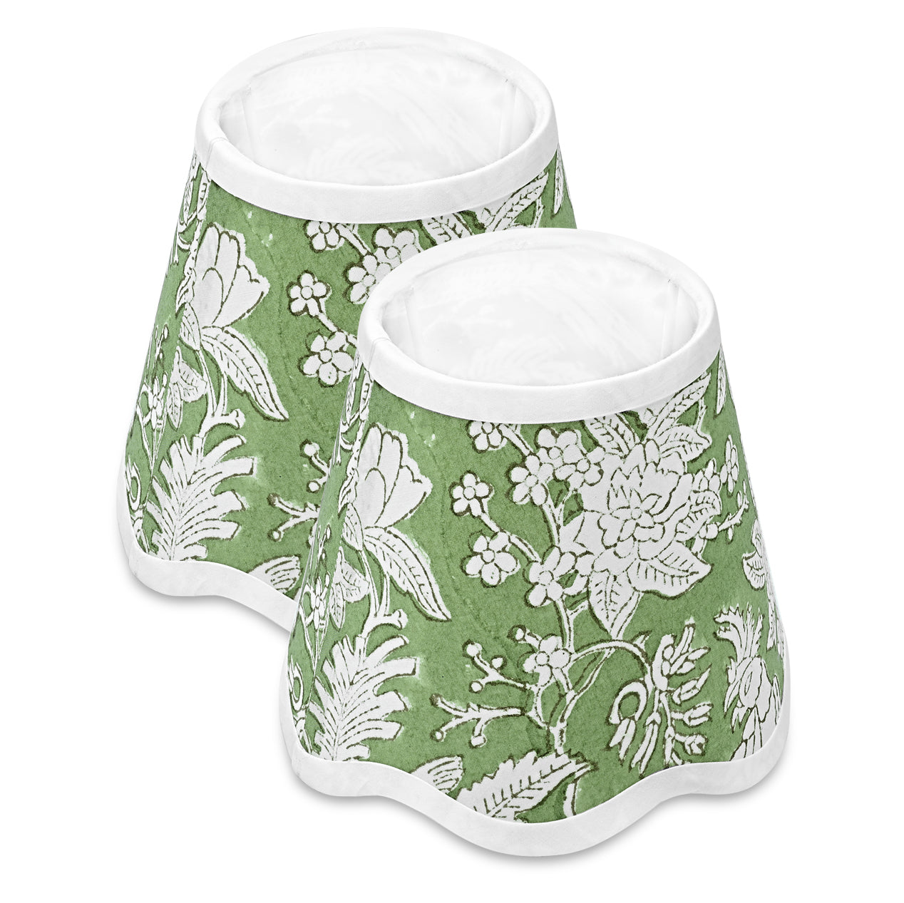 Hand Block Printed Cotton Lampshade – Scallop Floral Olive Green