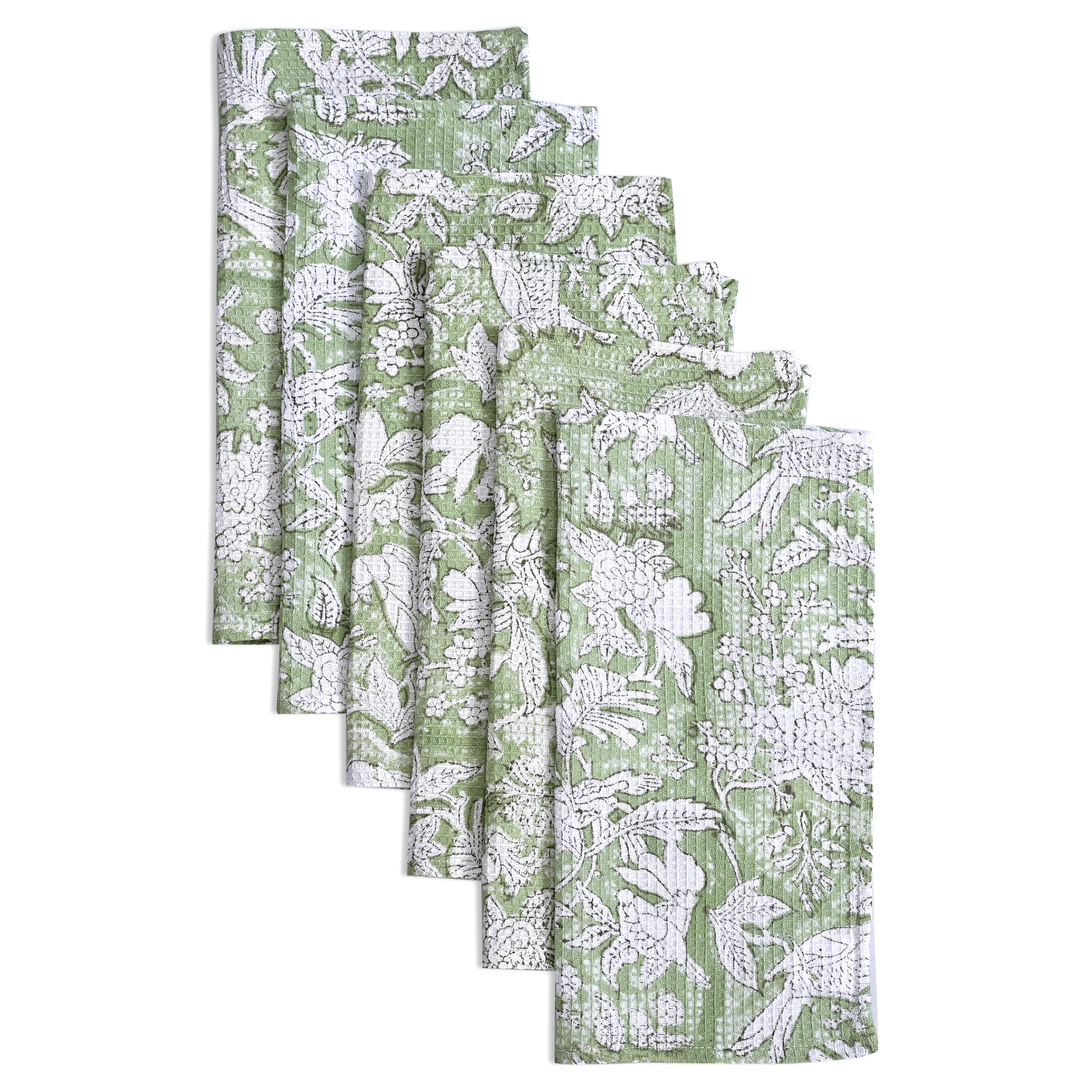Hand Block Printed Waffle Kitchen Towels – Olive Green