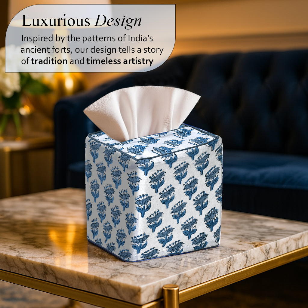 100% Cotton Hand Block Printed Tissue Box Cover - Apatite Blue
