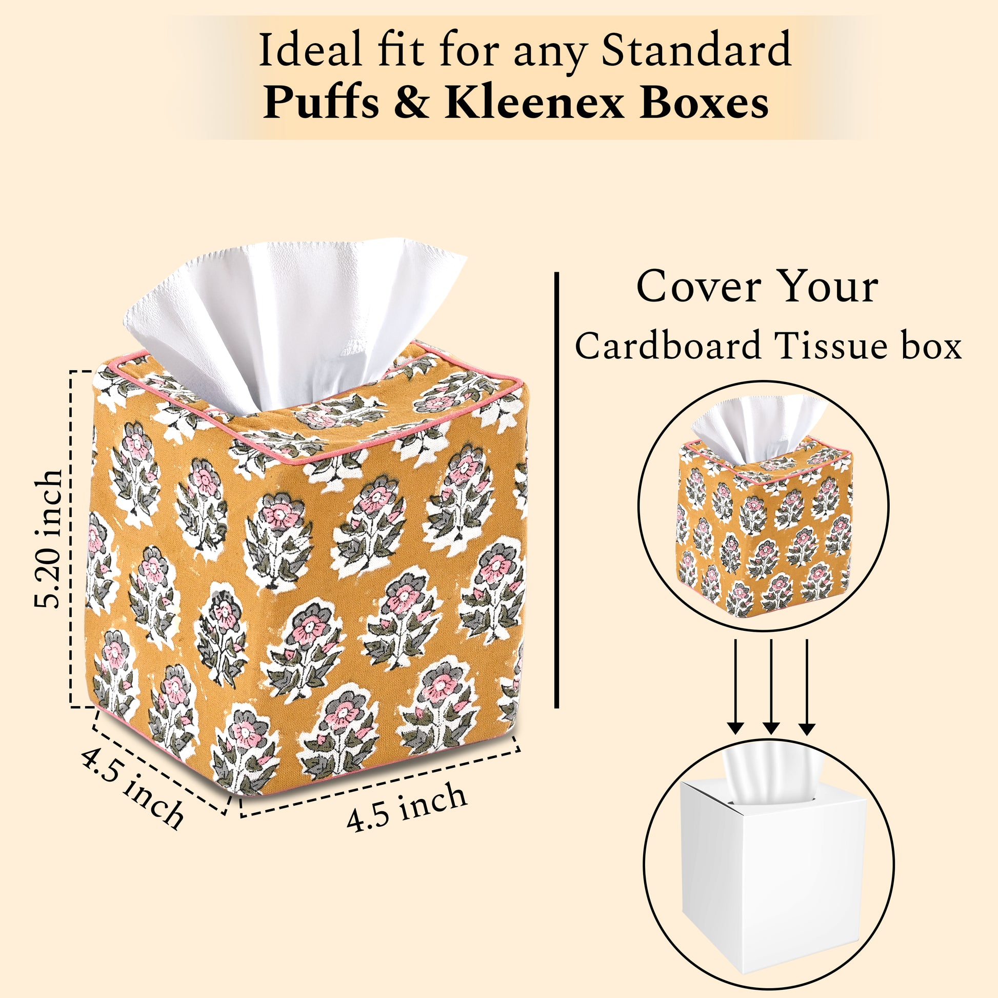 100% Cotton Hand Block Printed Tissue Box Cover - Yellow Citrine