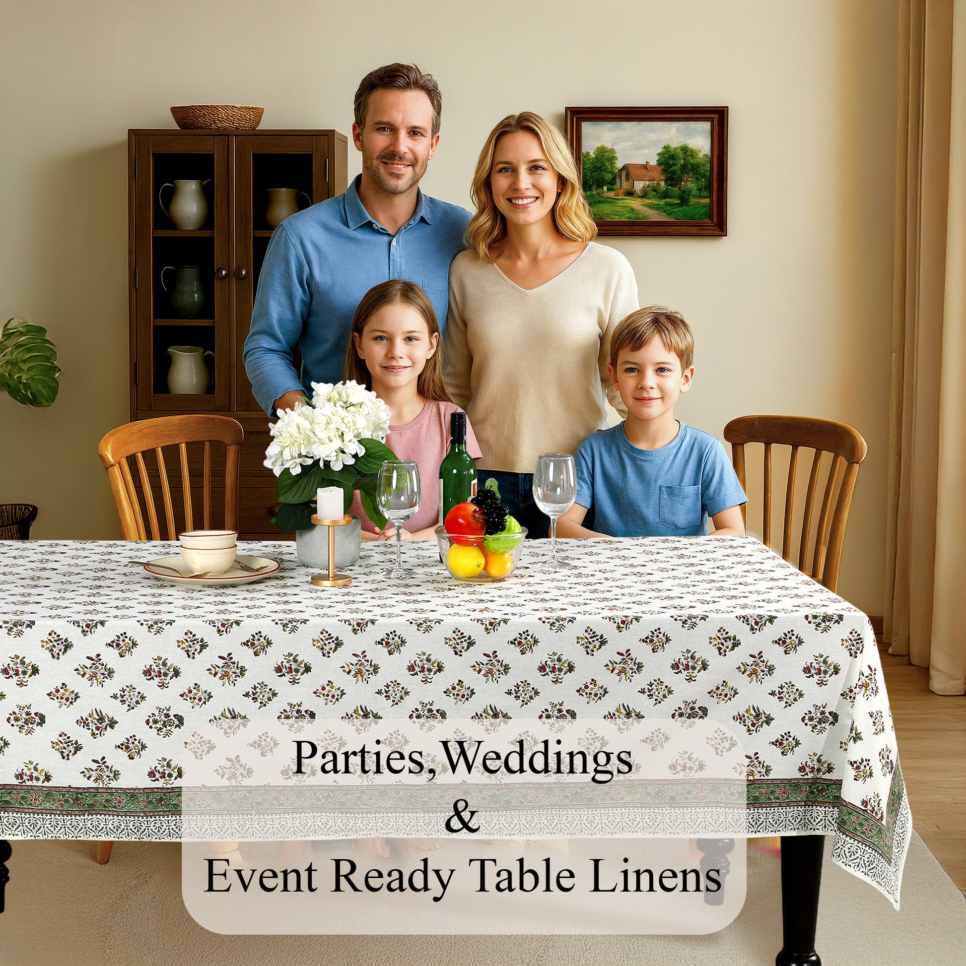 white and green 100% floral tablecloth