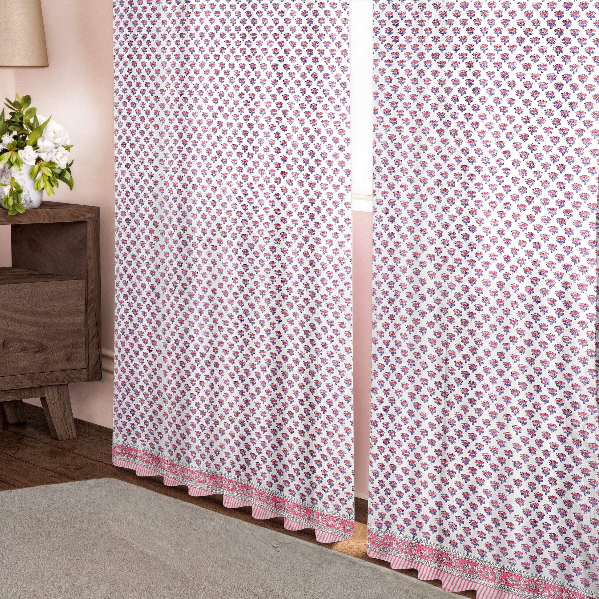 Semi-Sheer Cotton Block Print Curtains - Pink Sapphire