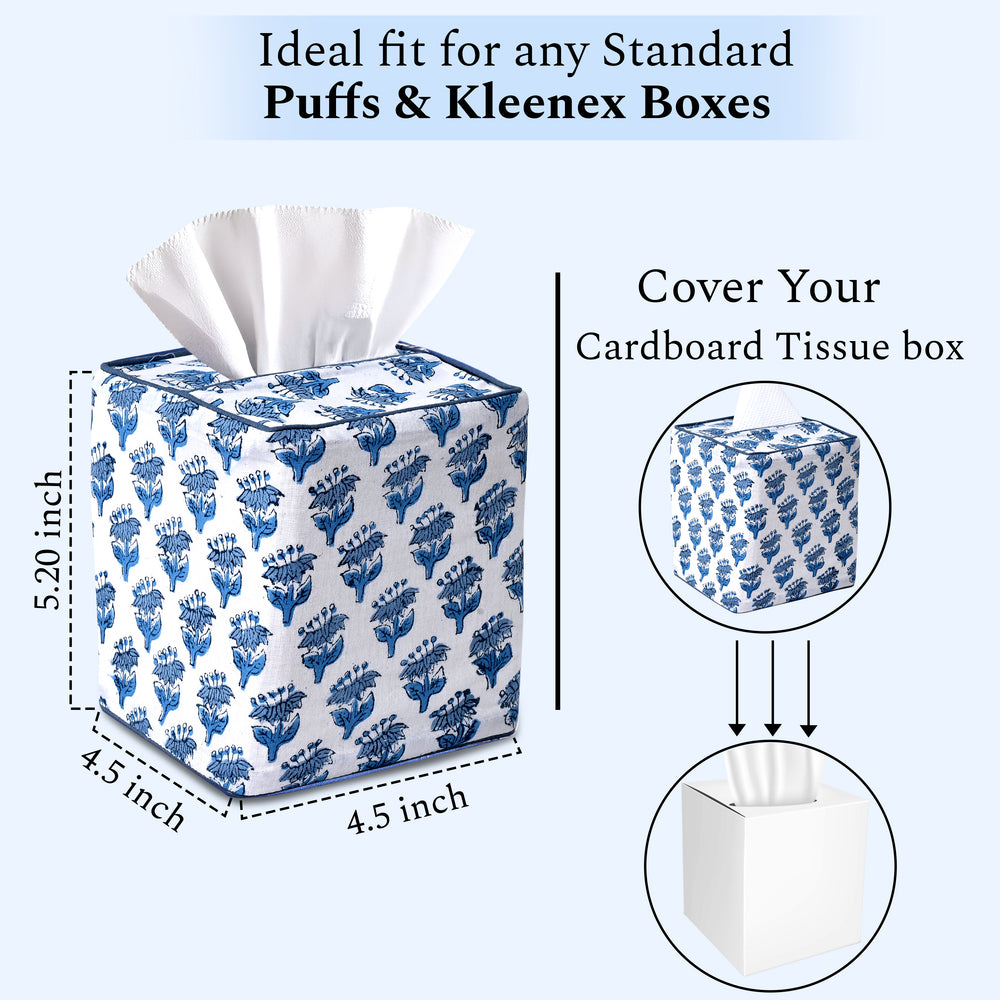 100% Cotton Hand Block Printed Tissue Box Cover - Apatite Blue