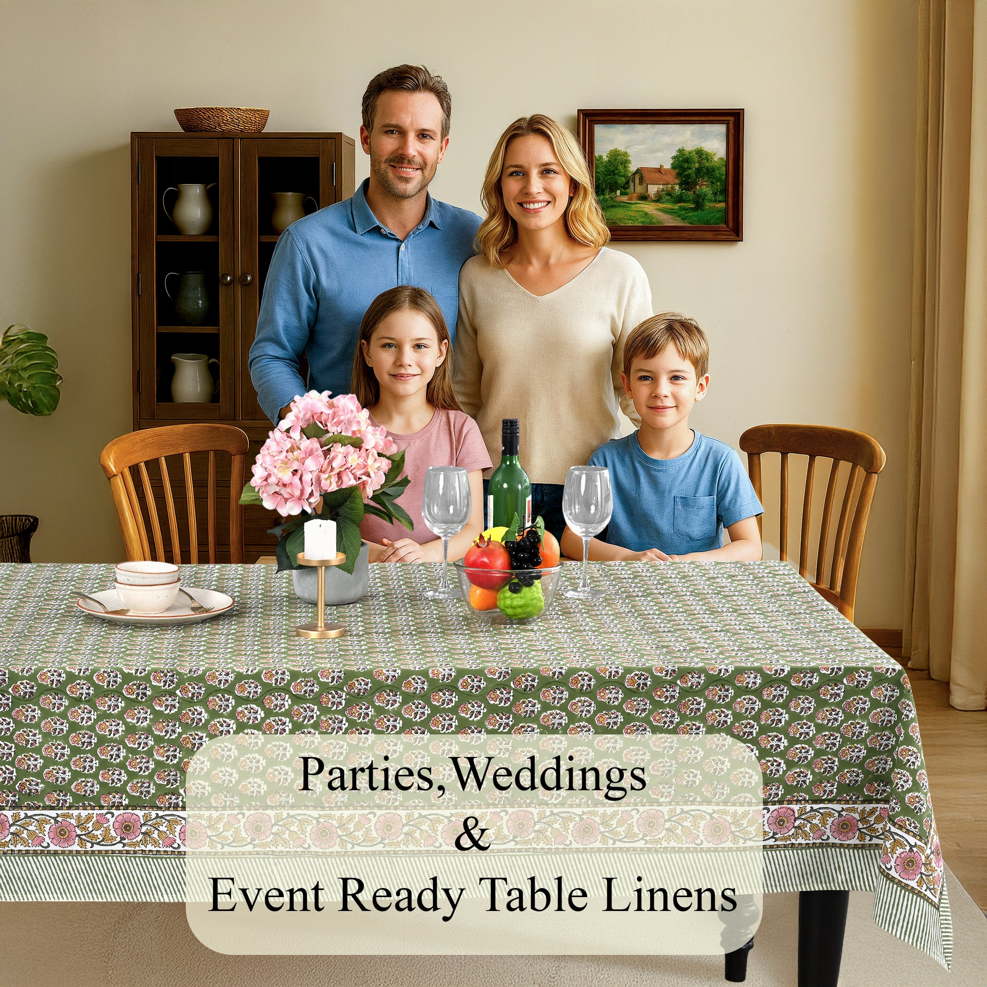 Jade Green Cotton Tablecloth on Family Dinner Table
