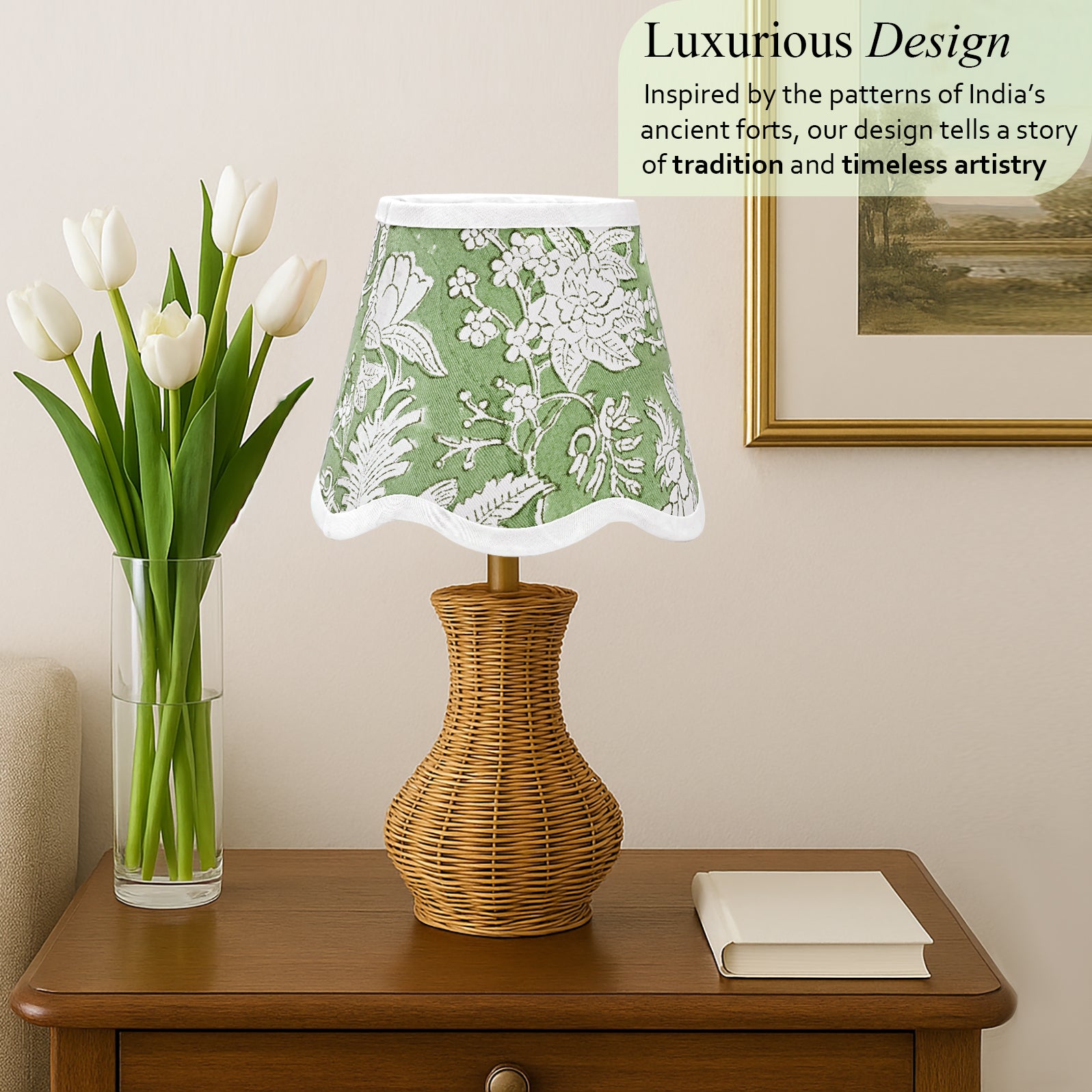 Hand Block Printed Cotton Lampshade – Scallop Floral Olive Green