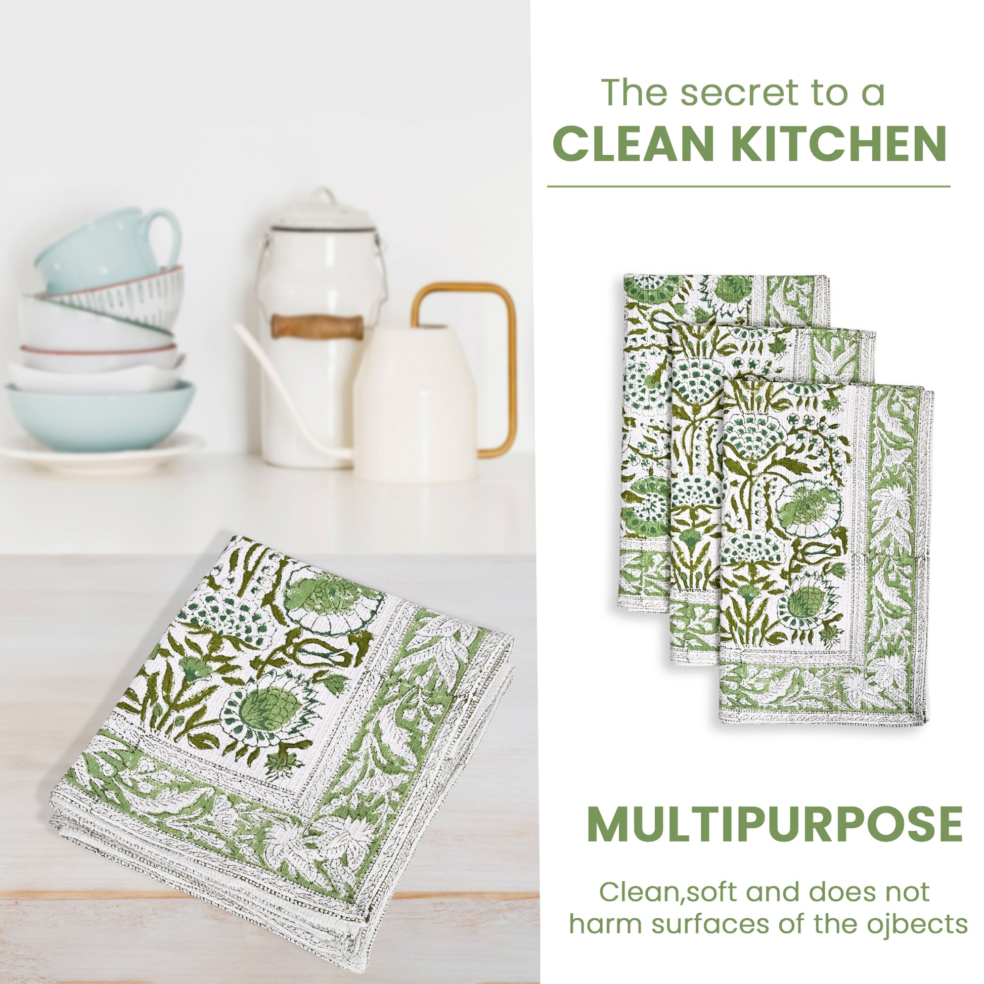 Hand Block Printed Waffle Kitchen Towels – Agate Green