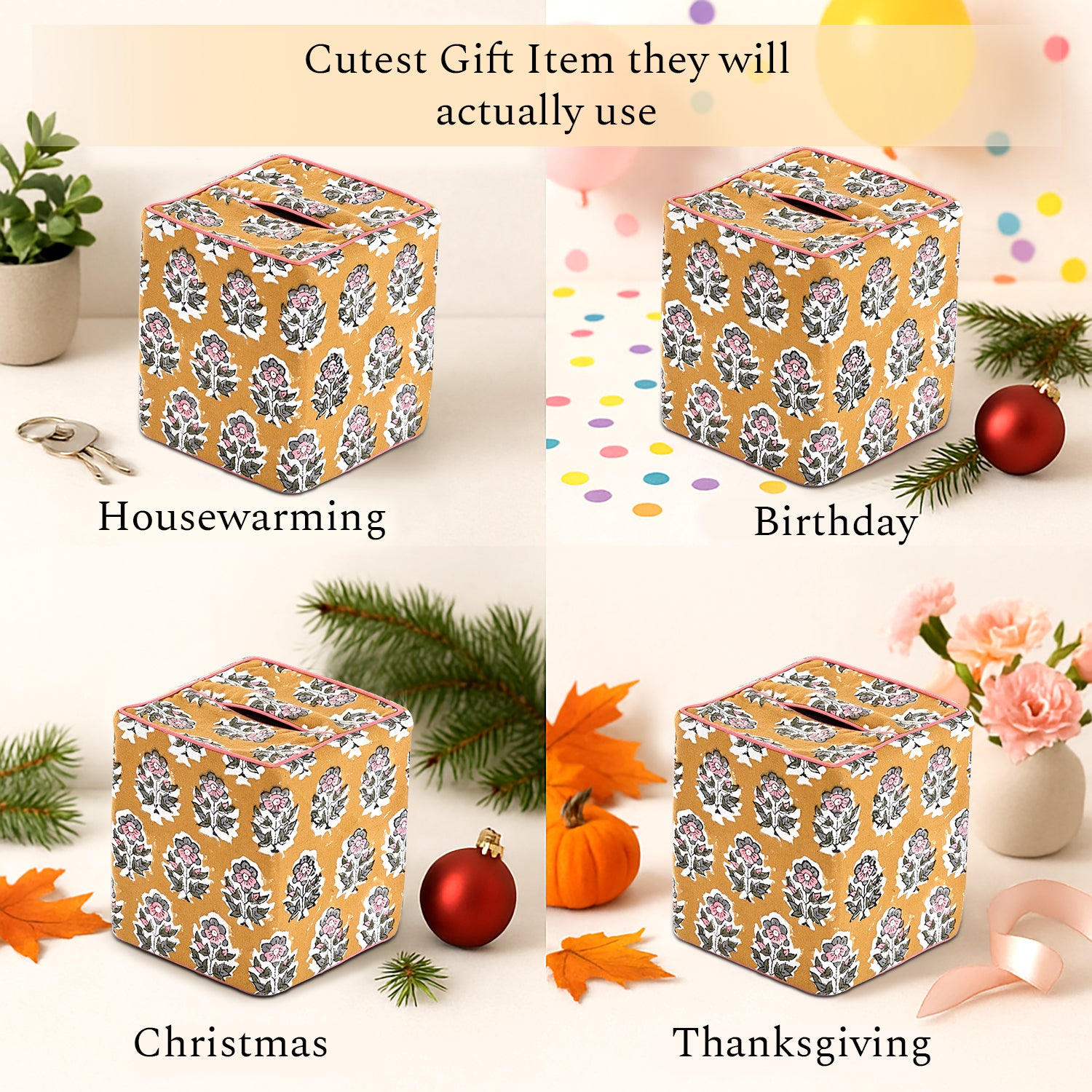 100% Cotton Hand Block Printed Tissue Box Cover - Yellow Citrine