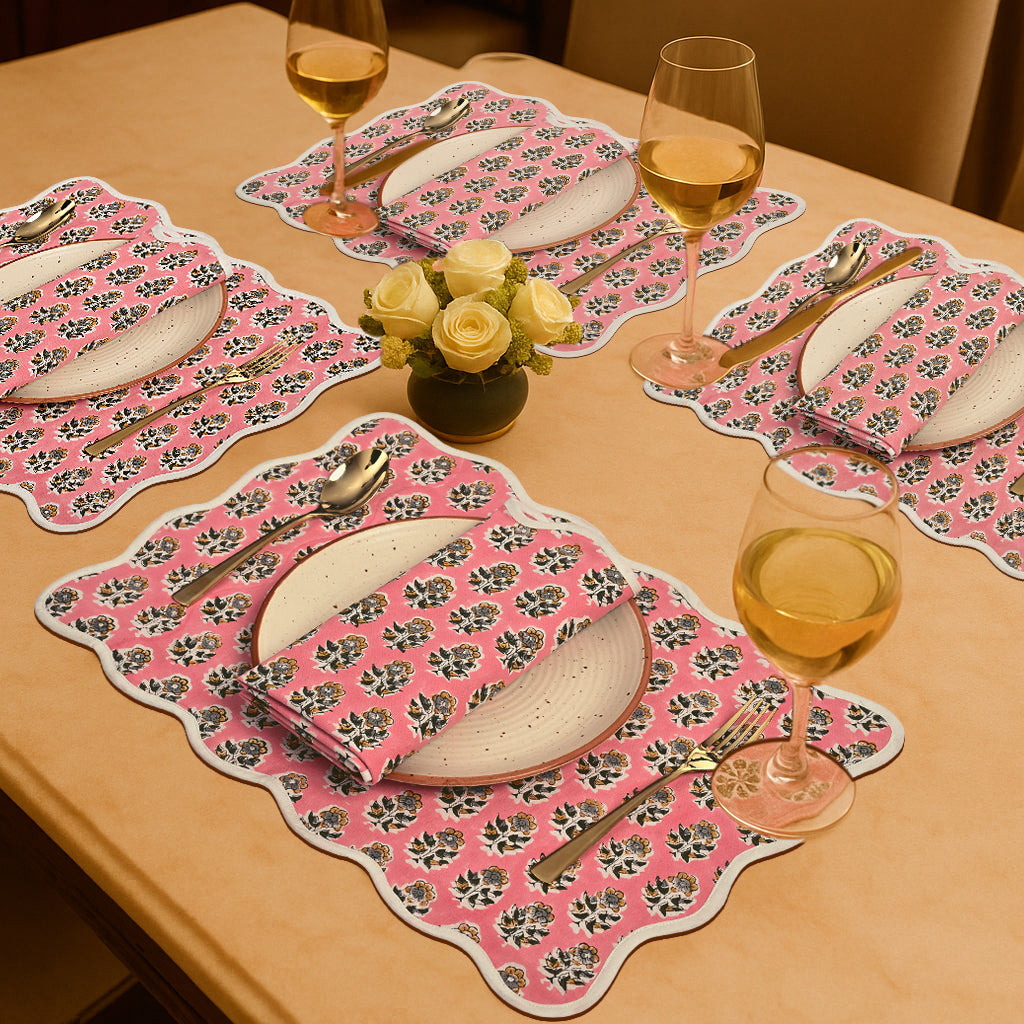 Rectangle 100% Cotton Reversible Placemat Set – Poppy Pink