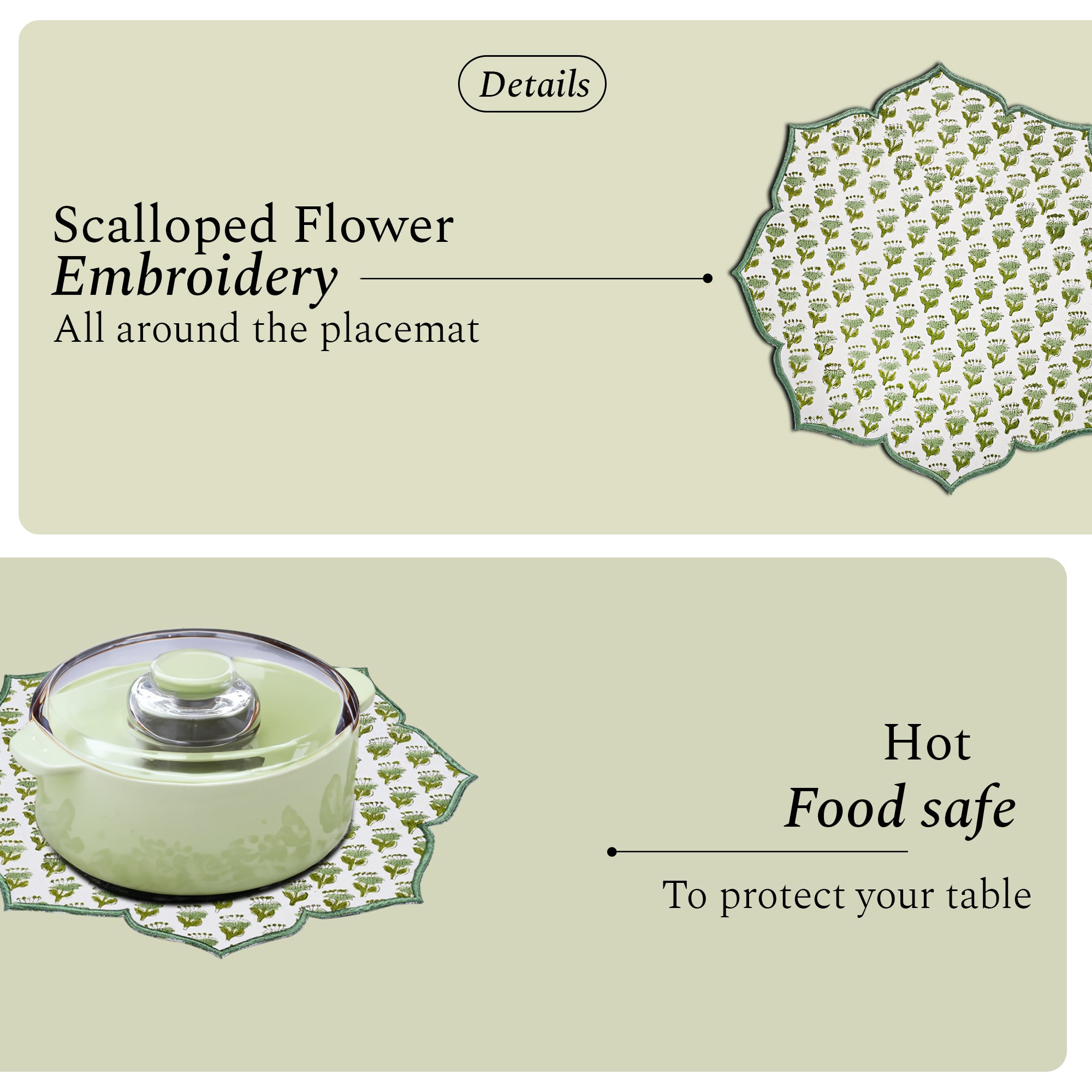 Vibrant emerald green cotton placemat with elegant embroidery