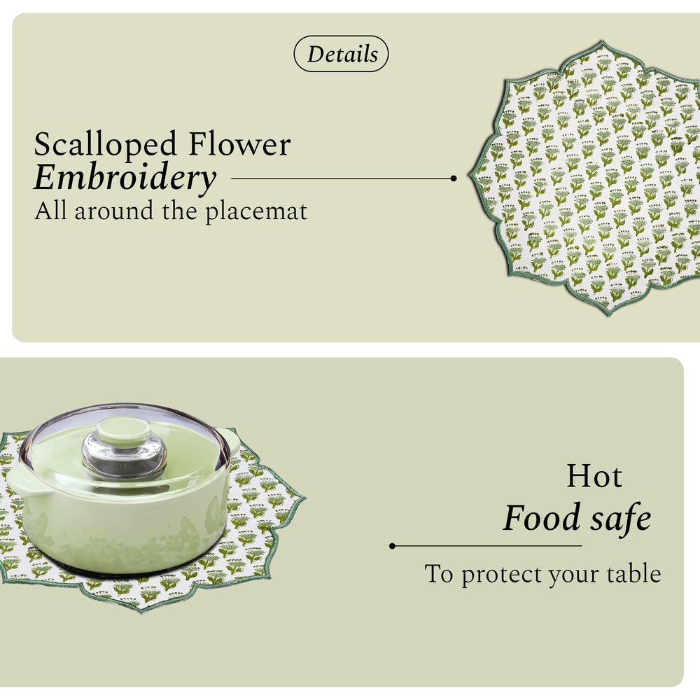 Vibrant emerald green cotton placemat with elegant embroidery