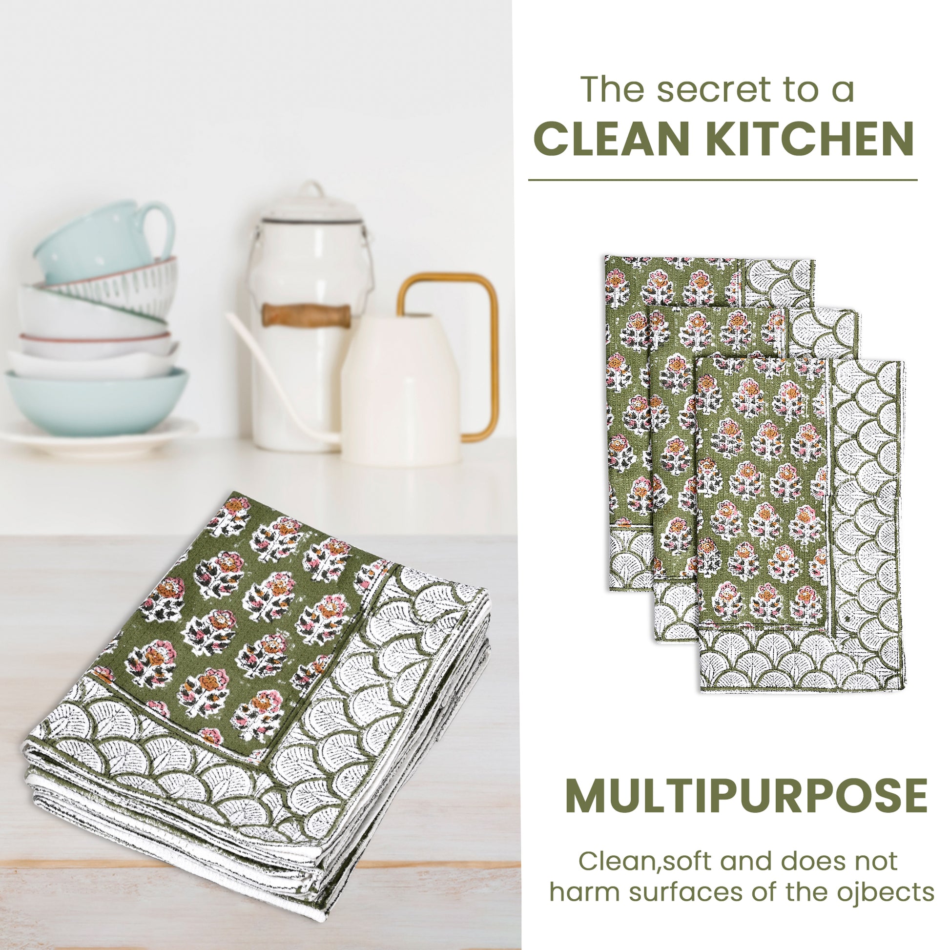 Hand Block Printed Waffle Kitchen Towels – Jade Green