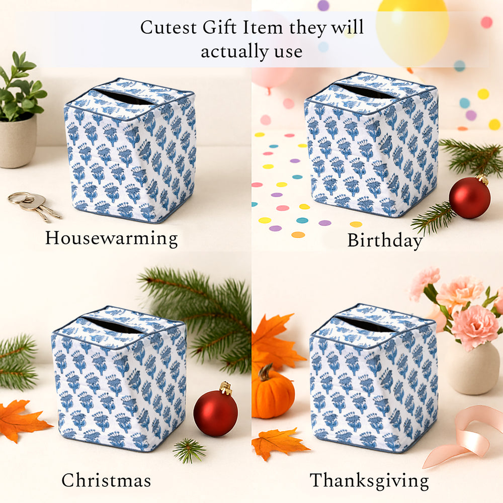 100% Cotton Hand Block Printed Tissue Box Cover - Apatite Blue