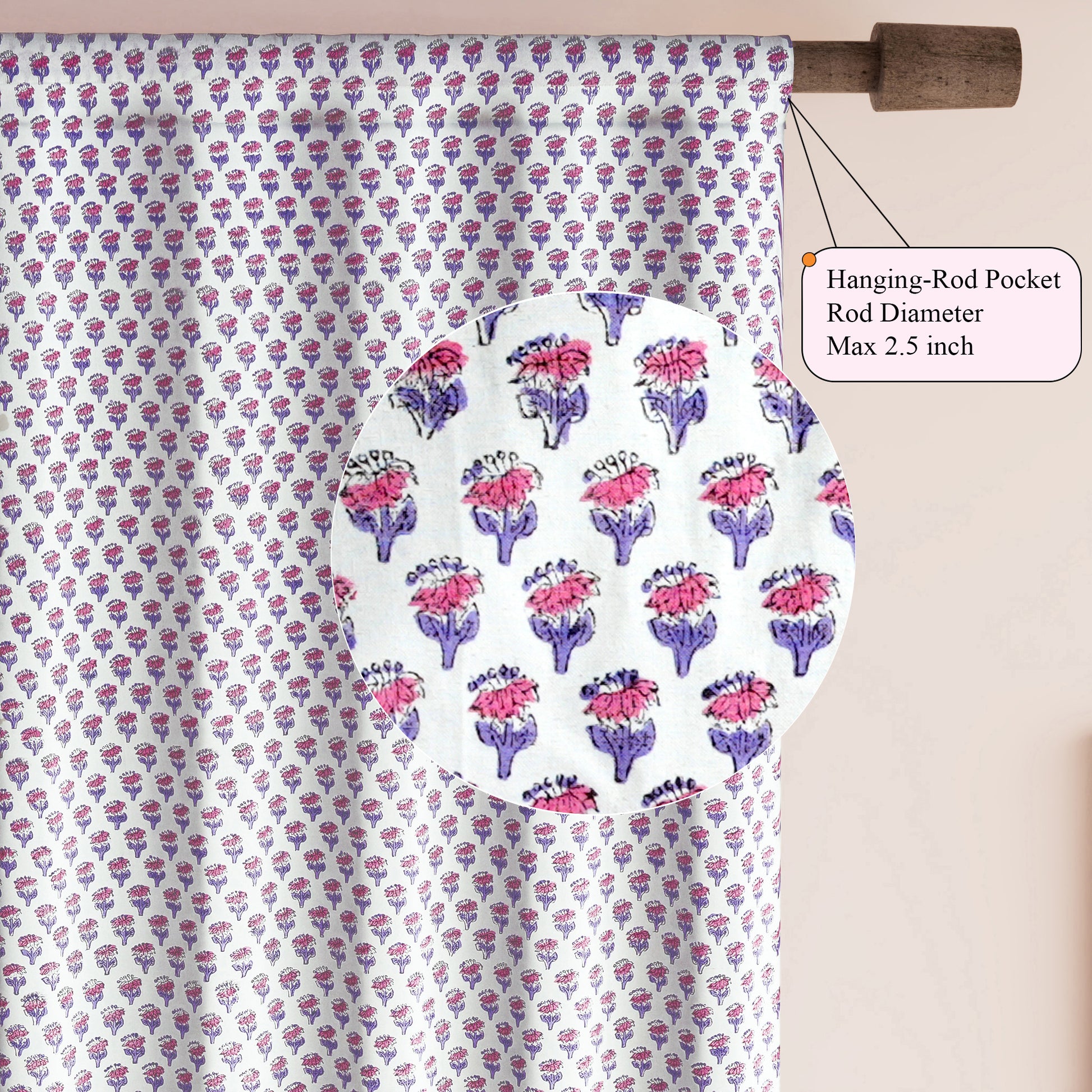 Semi-Sheer Cotton Block Print Curtains - Pink Sapphire